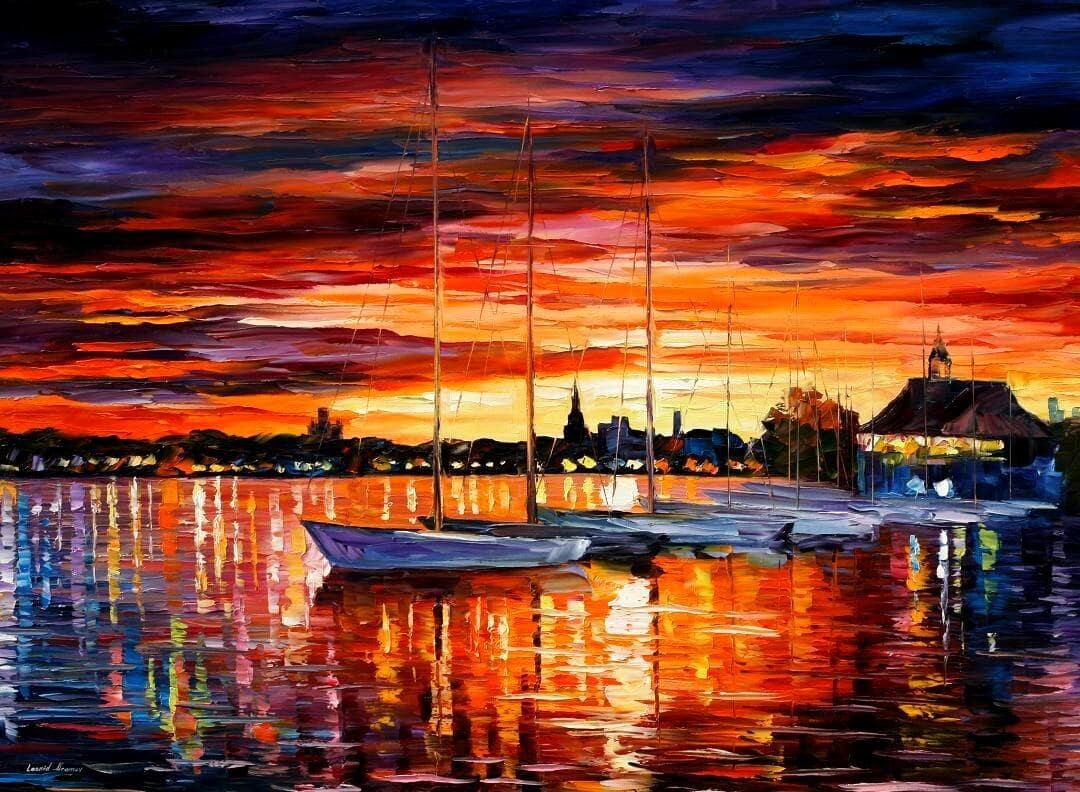 Leonid Afremov HELSINKI — SAILBOATS AT YACHT CLUB — PALETTE KNIFE Oil