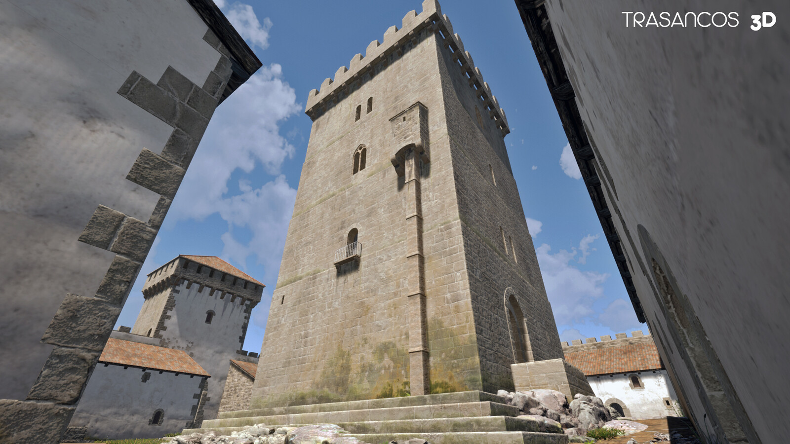 Rocha Forte castle. Final rendering view of the main tower from the south cistern.