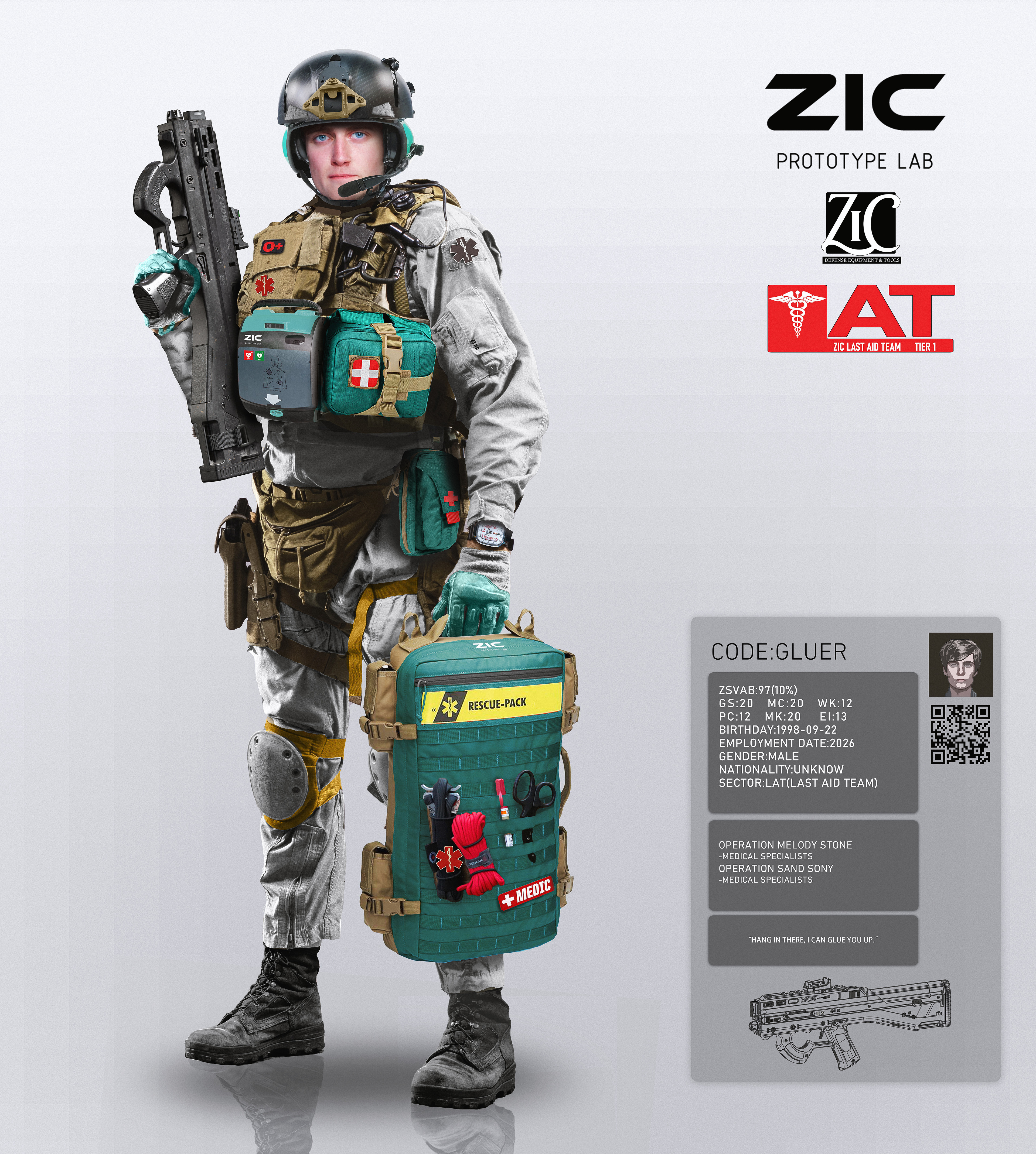 ztac's uniform can be quickly coloured before action to suit different environments. Most of the time, however, it is white.
