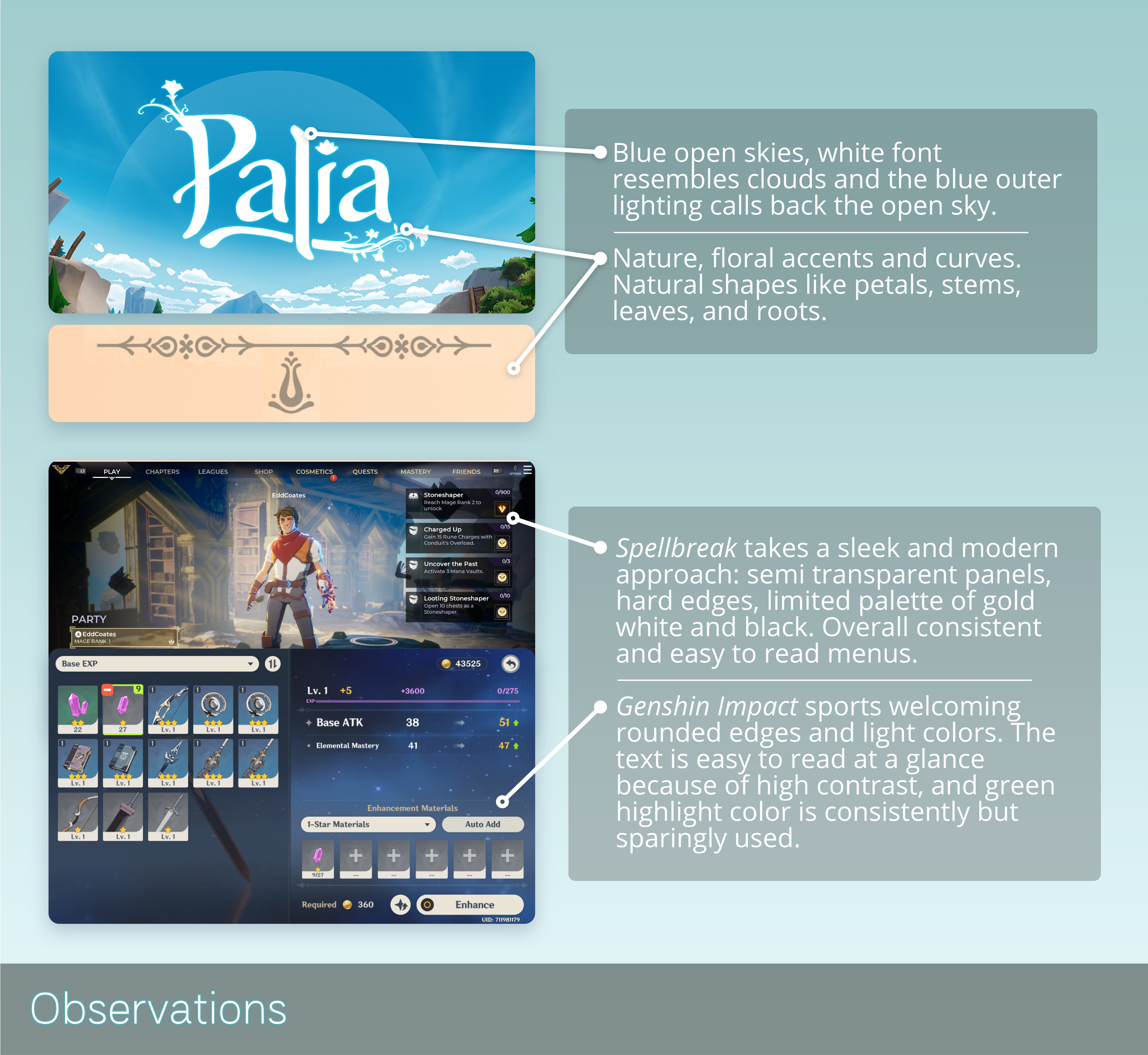 Step one, gathering reference and noting style observations to make sure concepting fit with the style of the game and popular games of similar genre.