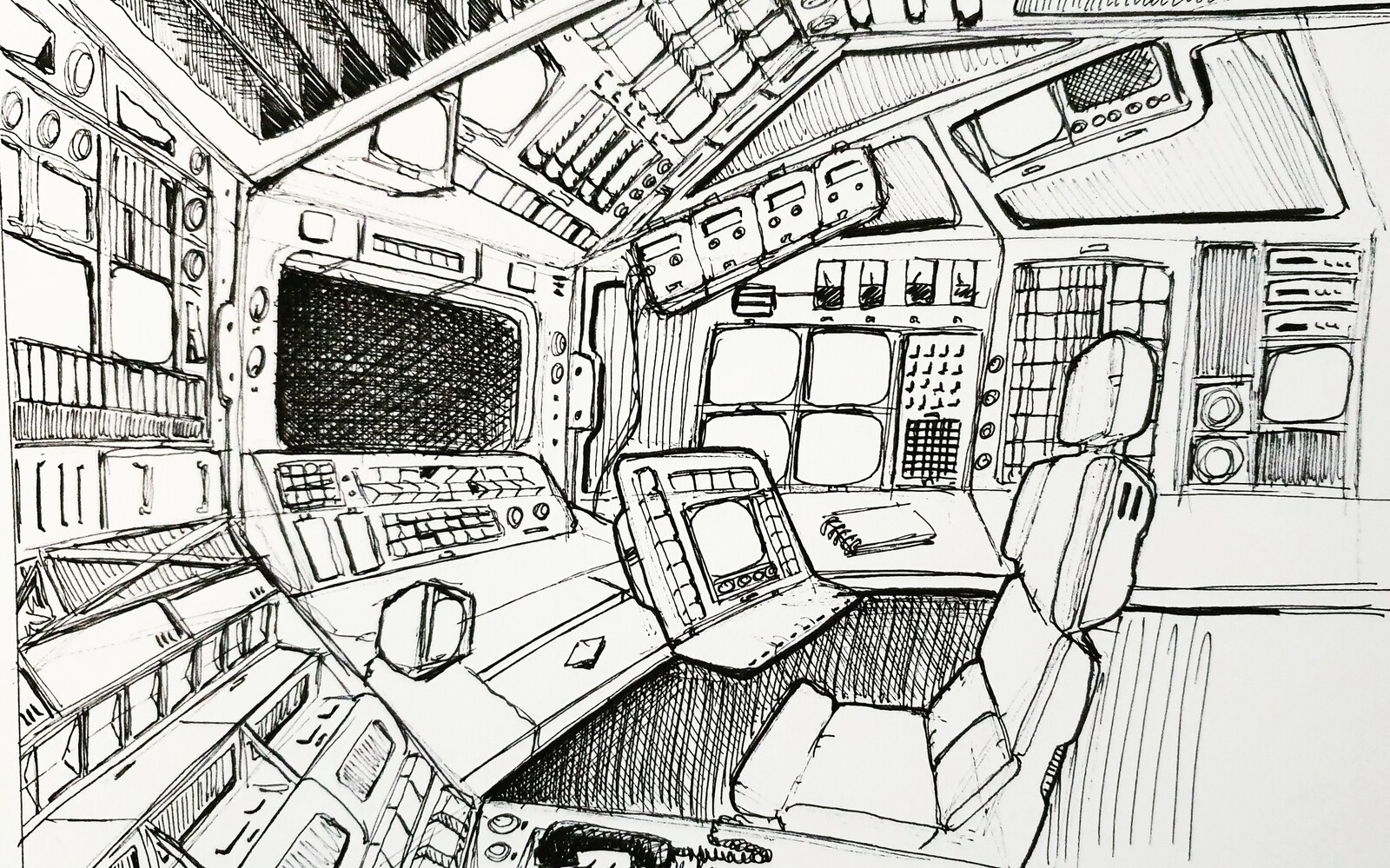 retrofuturism spaceship interior sketches 