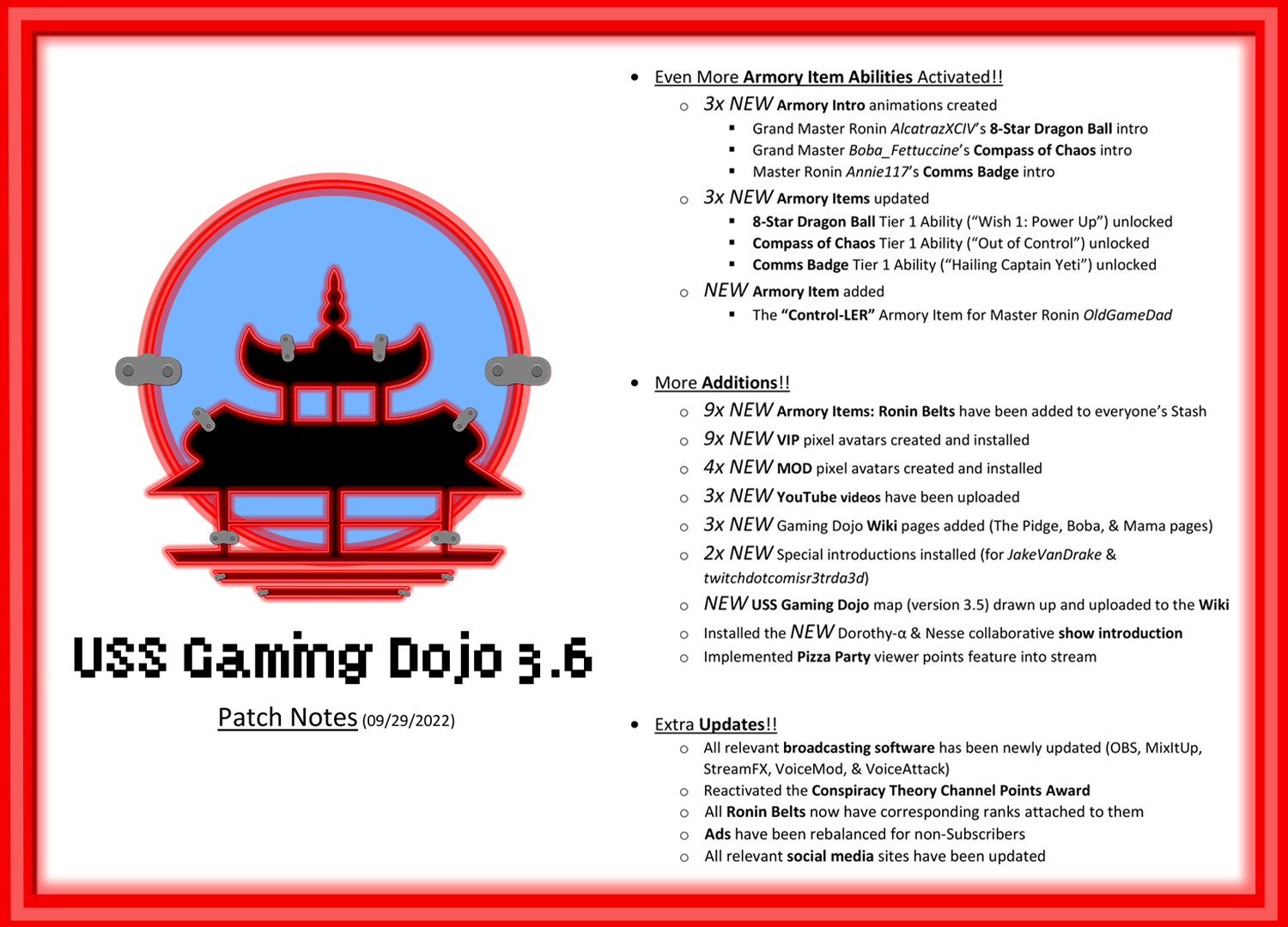 Gaming Dojo 3.6 Patch Notes Visual | RY Streaming