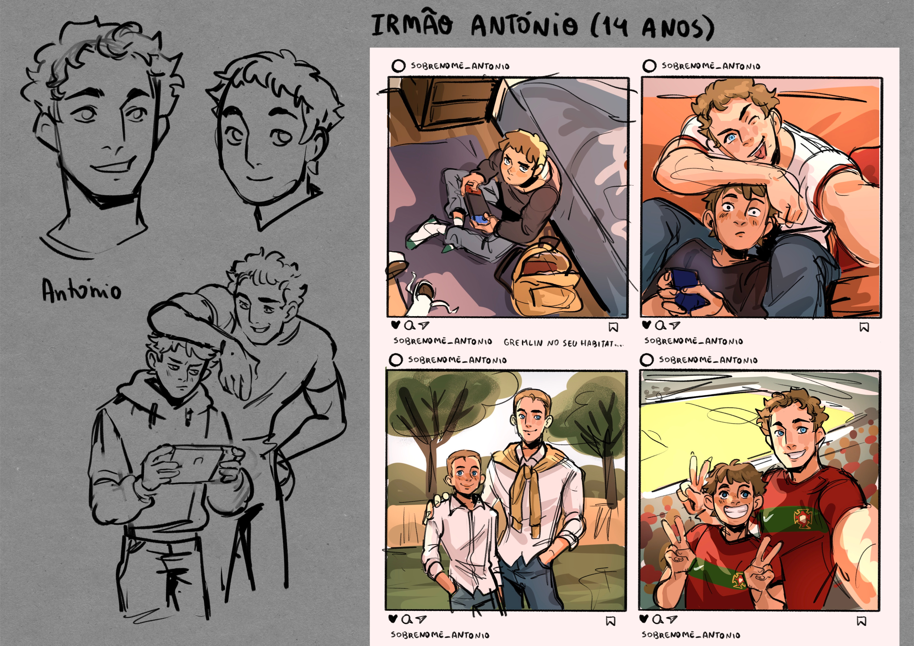 At this point the story was almost ready, I started doing exploration for family members and any character that could appear more. Antonio’s brother was definitely my favorite, I had a lot of fun thinking about different scenarios for the socialmedia pics