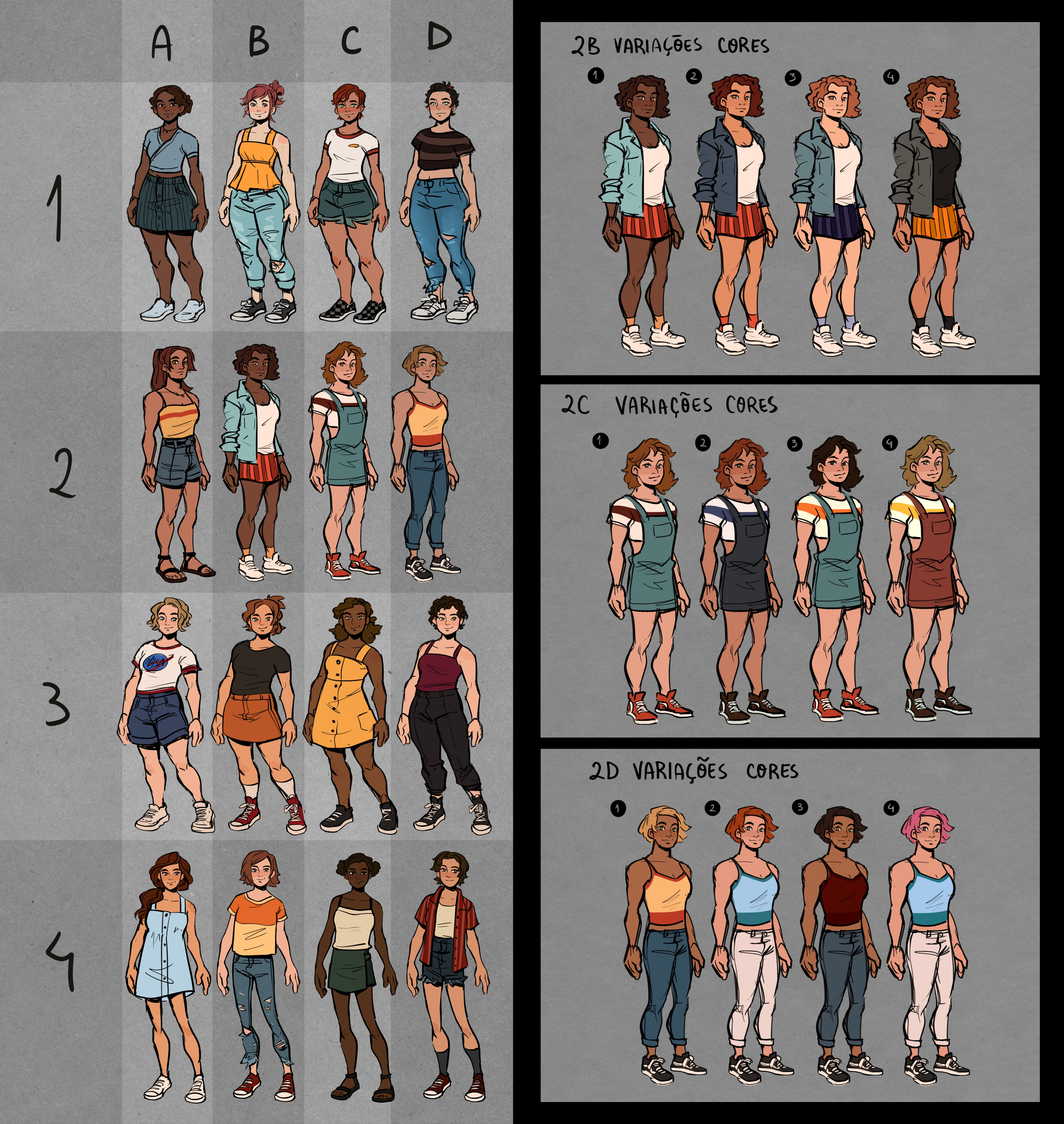 I absolutely love drawings girls and dressing them up, so I did 4 different body types and 4 different versions for each. Some were too similar with our already existing characters so we picked the most interesting one.