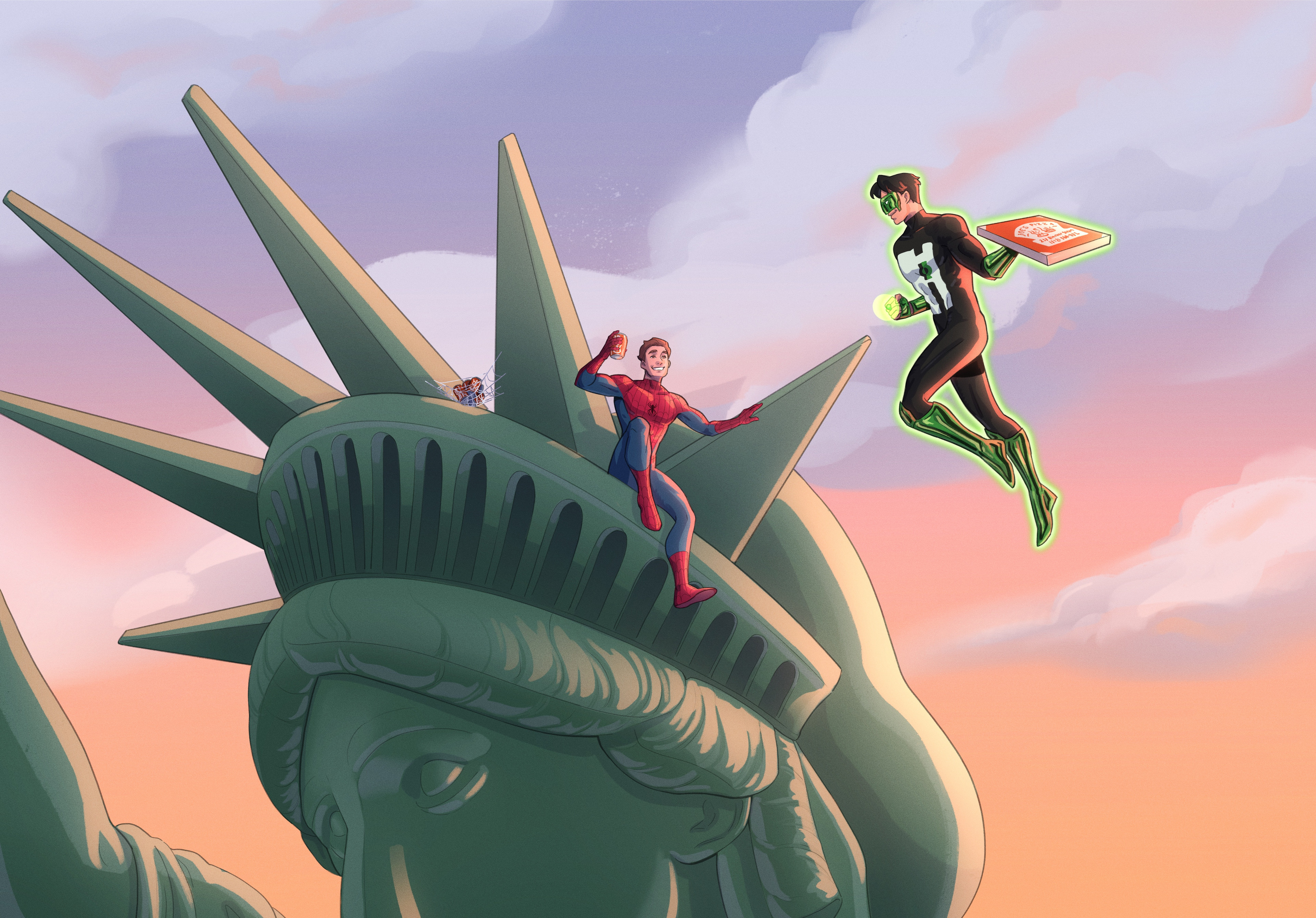 Commission for @MarSanJ47 on twitter, Peter Parker and Kyle Rayner from Marvel and DC Comics