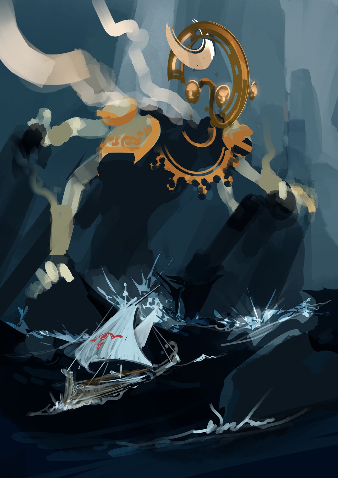 A unnamed god watches over a storm beset galley.