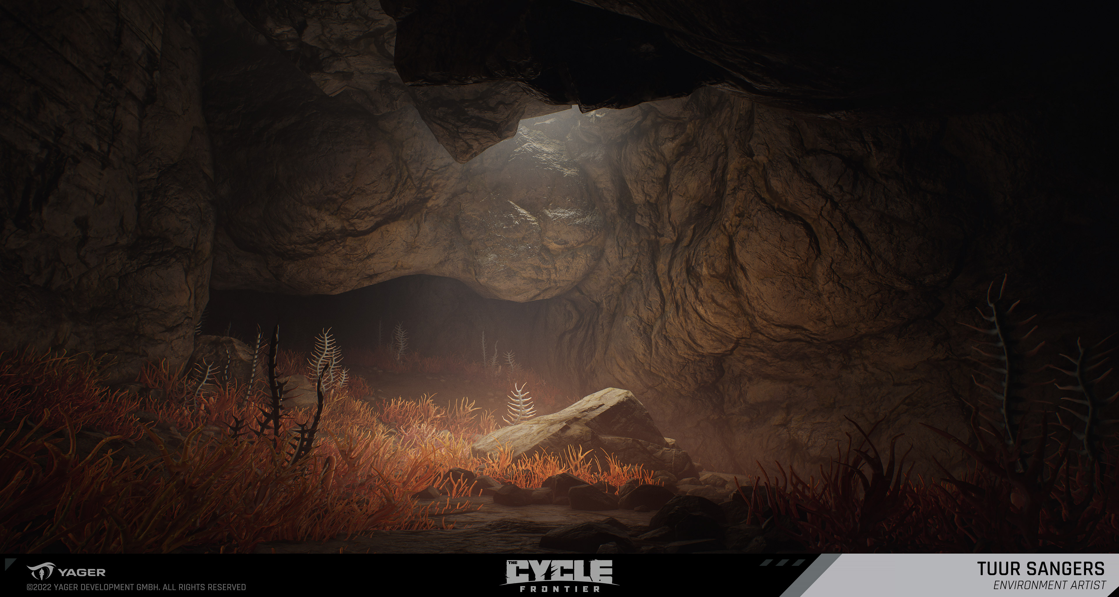 Level Example - The team created shellmeshes for the caves which we displaced with the heightmap of the rock textures
(Environment art by Jesus Orillan) 