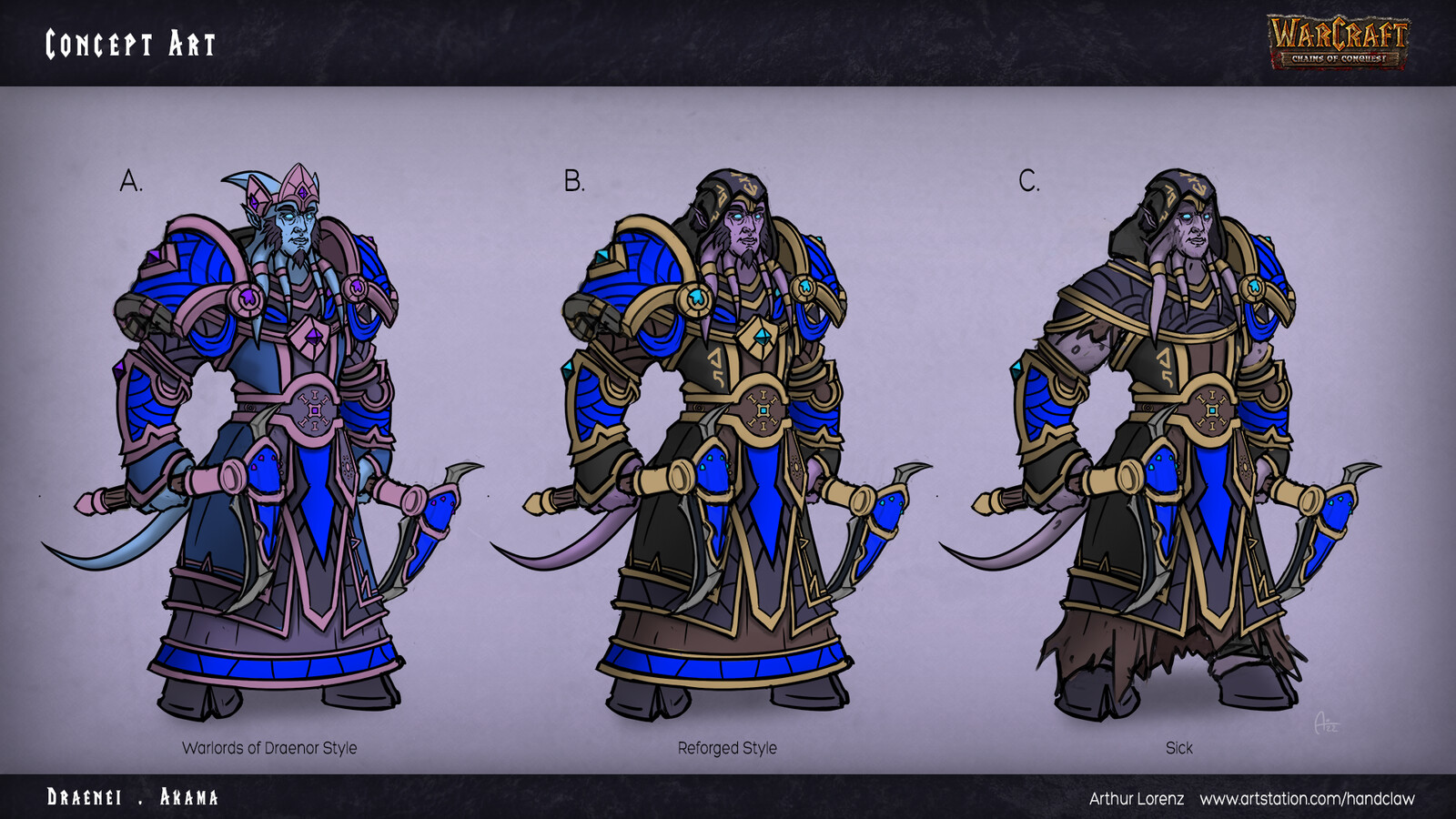 Concept Art - "Akama" - Exploring designs for Akama during the Rise of the Horde era, with design elements inspired by his Warlords of Draenei appearance as well as his corrupted Reforged look.

I was also asked to explore a possible look for a sick Akama