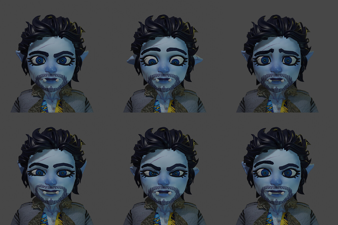 Expressions rendered in Eevee, trying out some Blendshapes