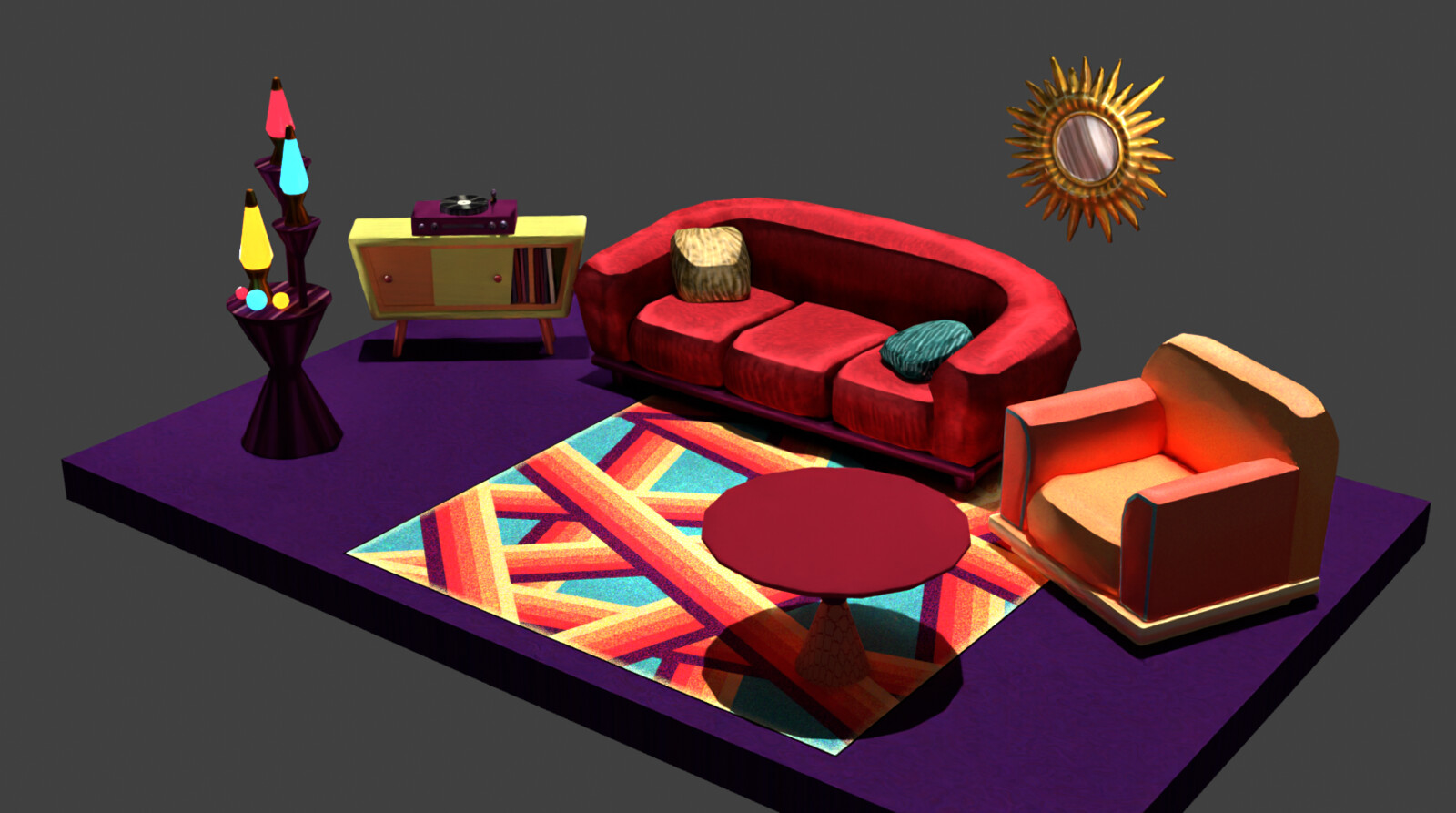 Groovy Warm furniture collection rendered in Blender