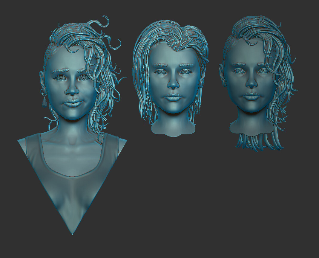 screen grabs of various iterations of the character in ZBrush. The hair took a while to get right. 