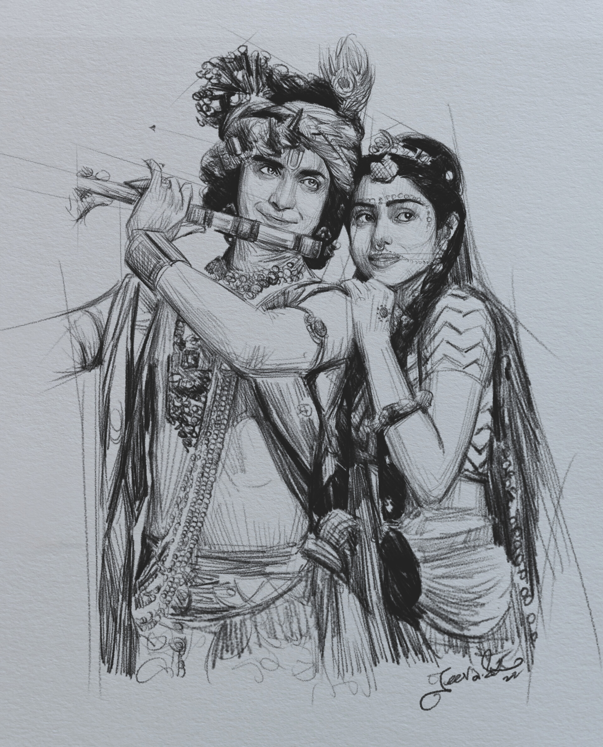 Original Drawing Radha Krishna on Thick Art Card Ready Framed - Etsy