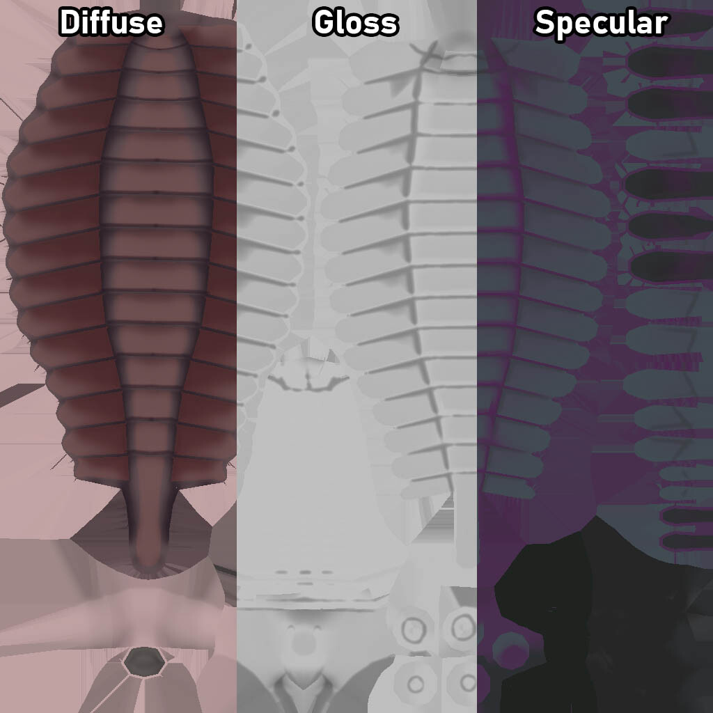 Textures used for the Opabinia. A normalmap was also baked but ended up being unused as it ended up making the proboscis look like a vacuum hose.