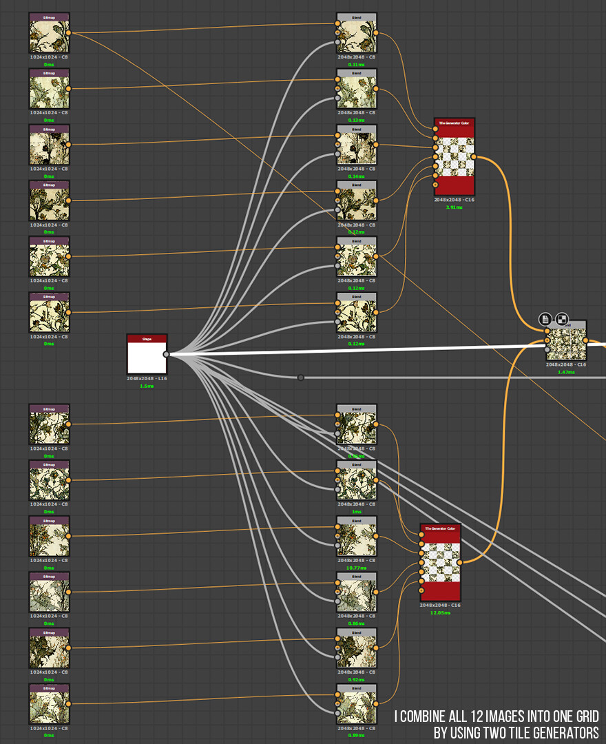 I start my Designer Graph by combining all 12 AI images into one grid using two Tile Generator Color nodes with the checker mask on.

I am limited to 6 inputs per Tile Generator so I opted to use 2 nodes to utilize all 12 images (Definitely overkill)