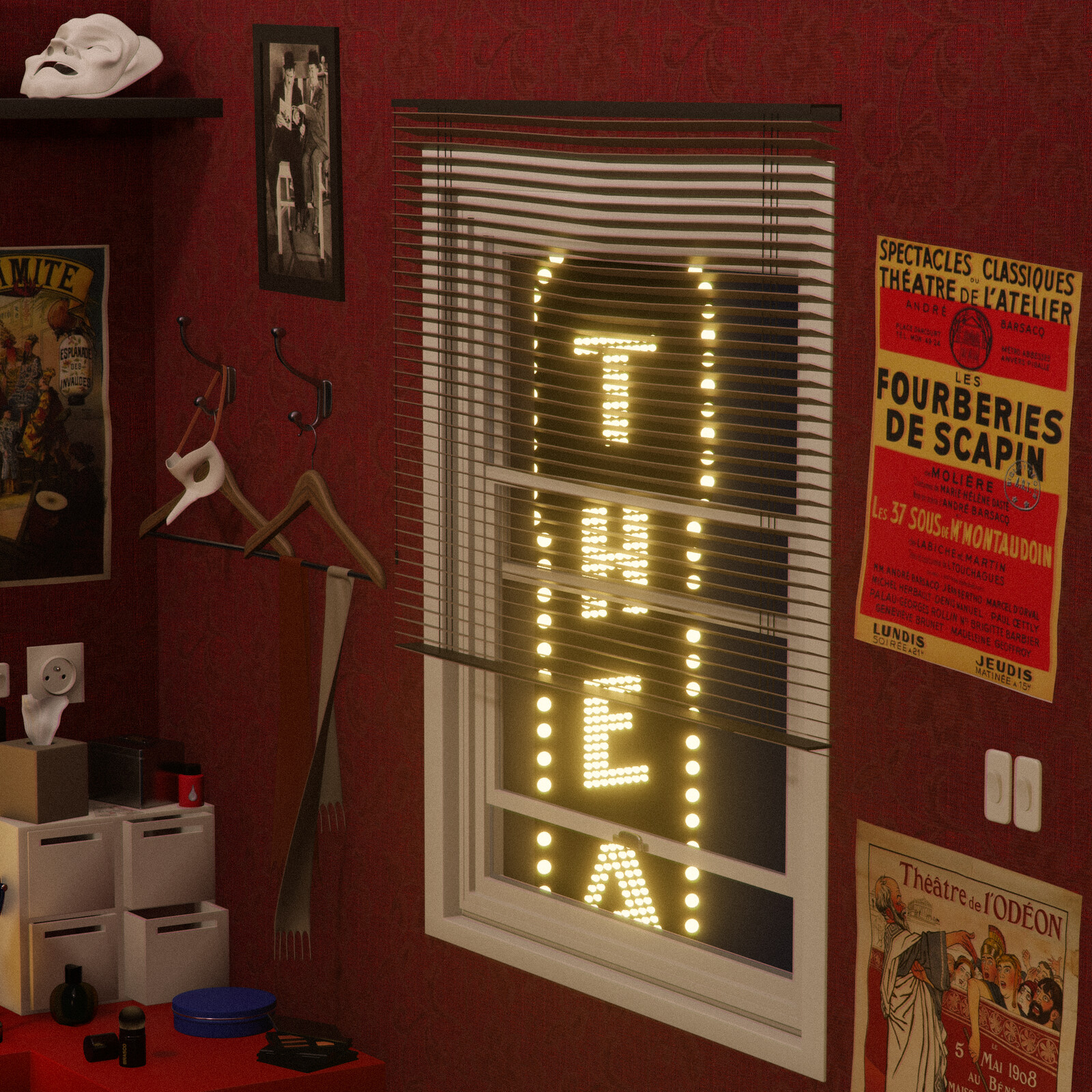 View of the theatre sign through the window