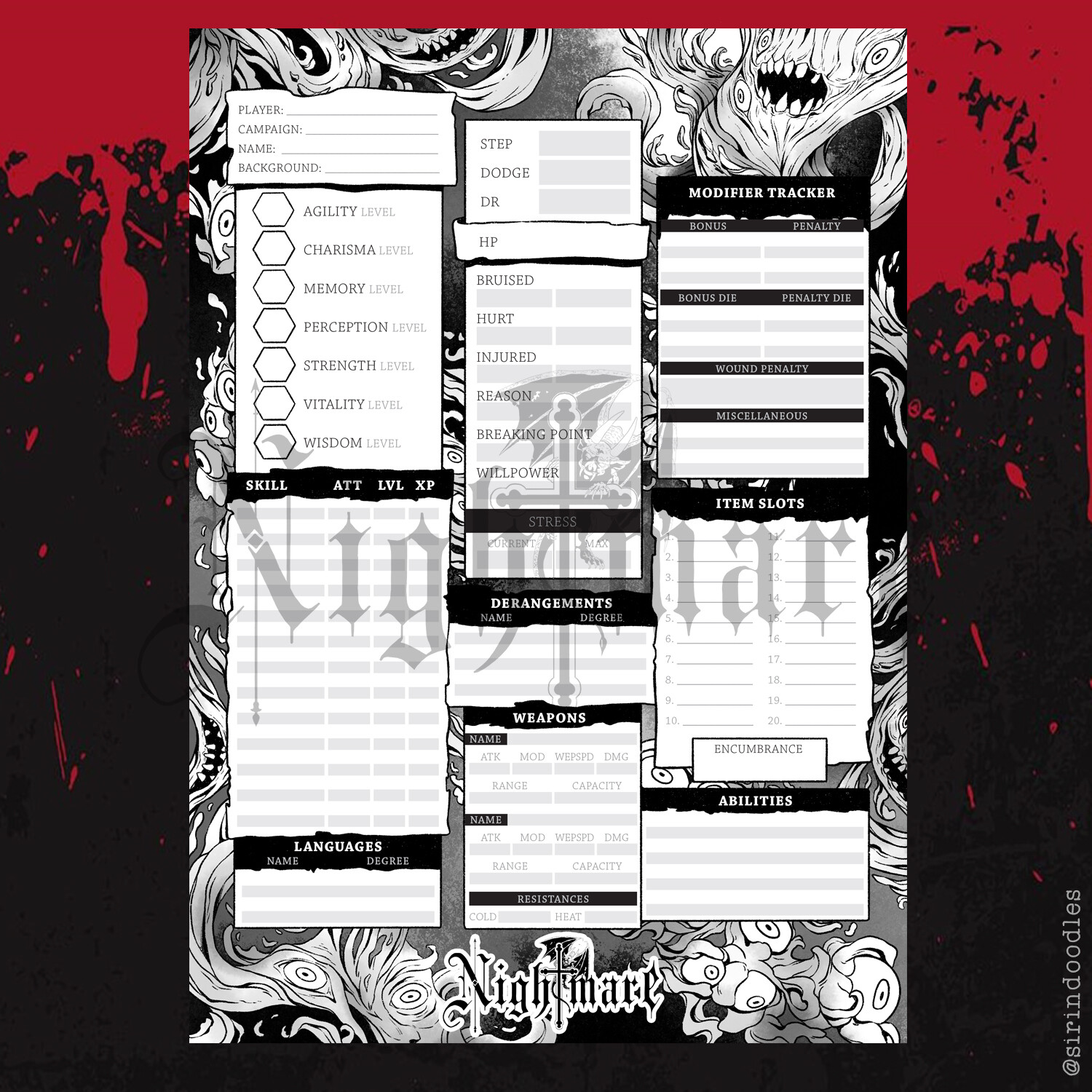 Sirin doodles ttrpg character sheet and trait sheet for nightmare game