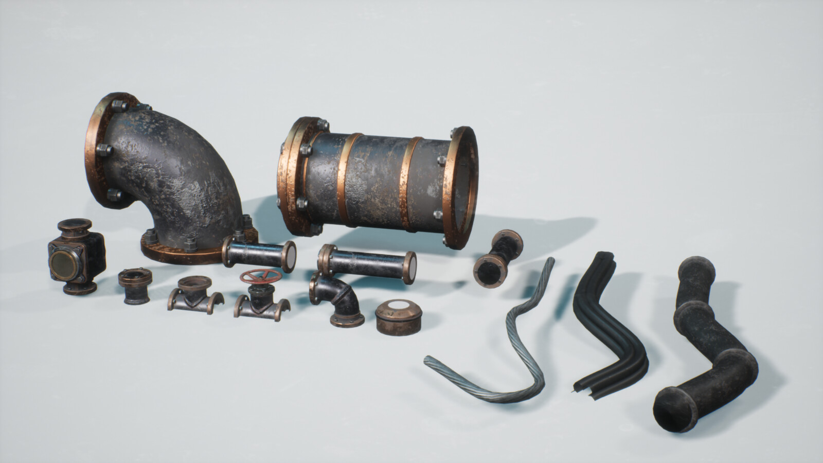 Various modular parts such as pipes and cables of different sizes 