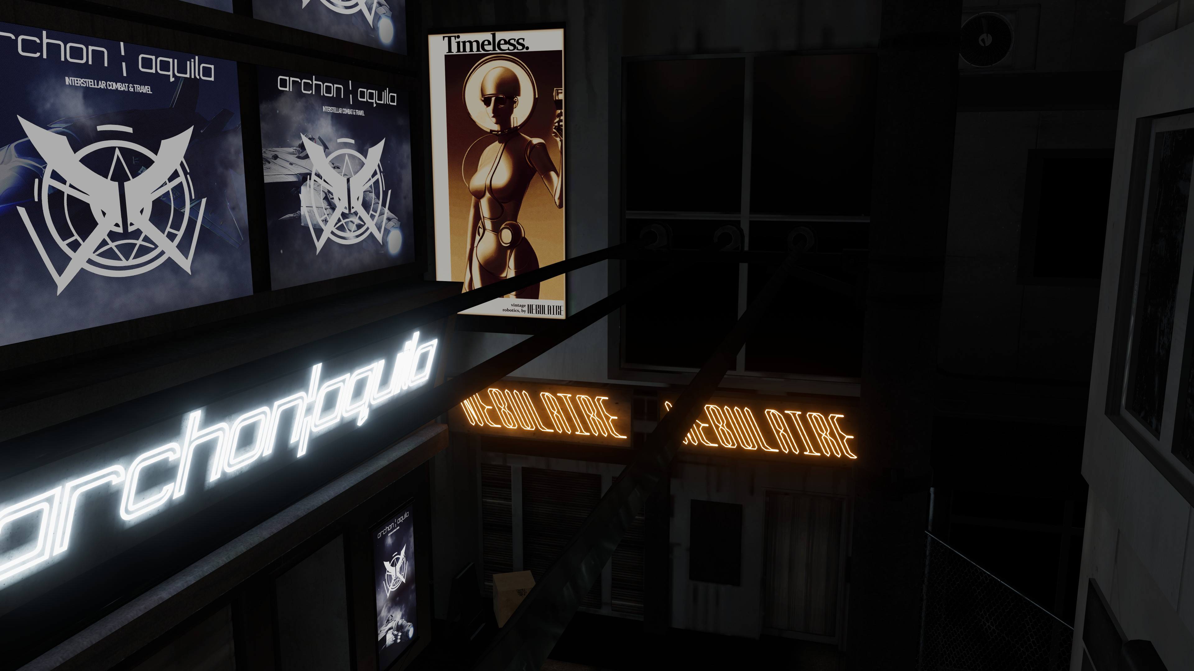 Psuedo storefront in environment. The LEDs / neon signs are font &gt; mesh, processed in Blender - simple emission shader for performance. 