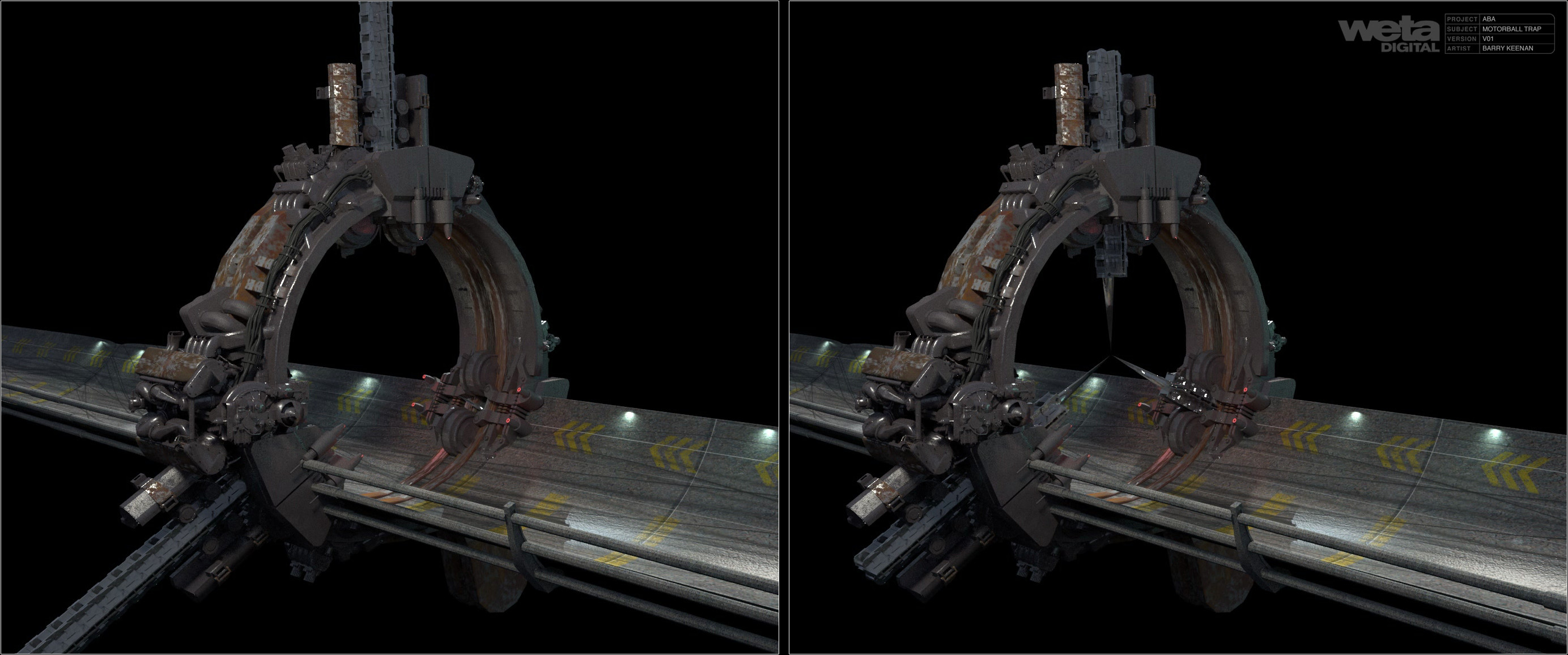 Up-rezed motorball trap, showing trap mechanism. Kitbashed using library assets.