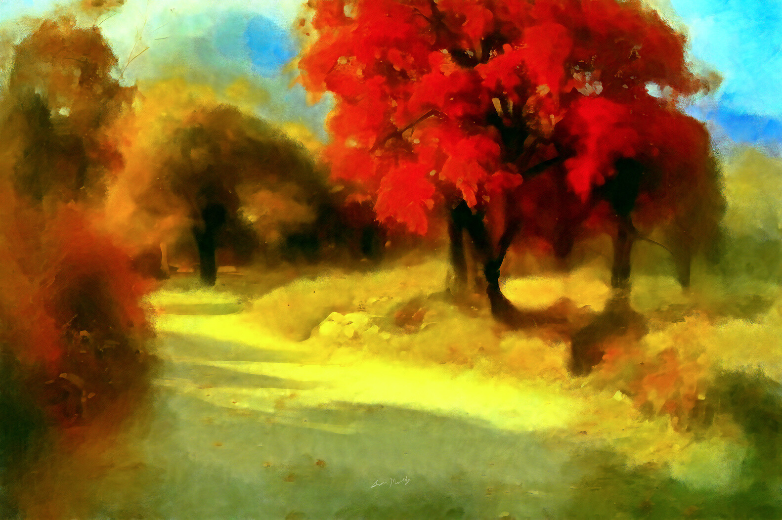 "Autumn Gravel Road" impressionist style digital painting over ink.