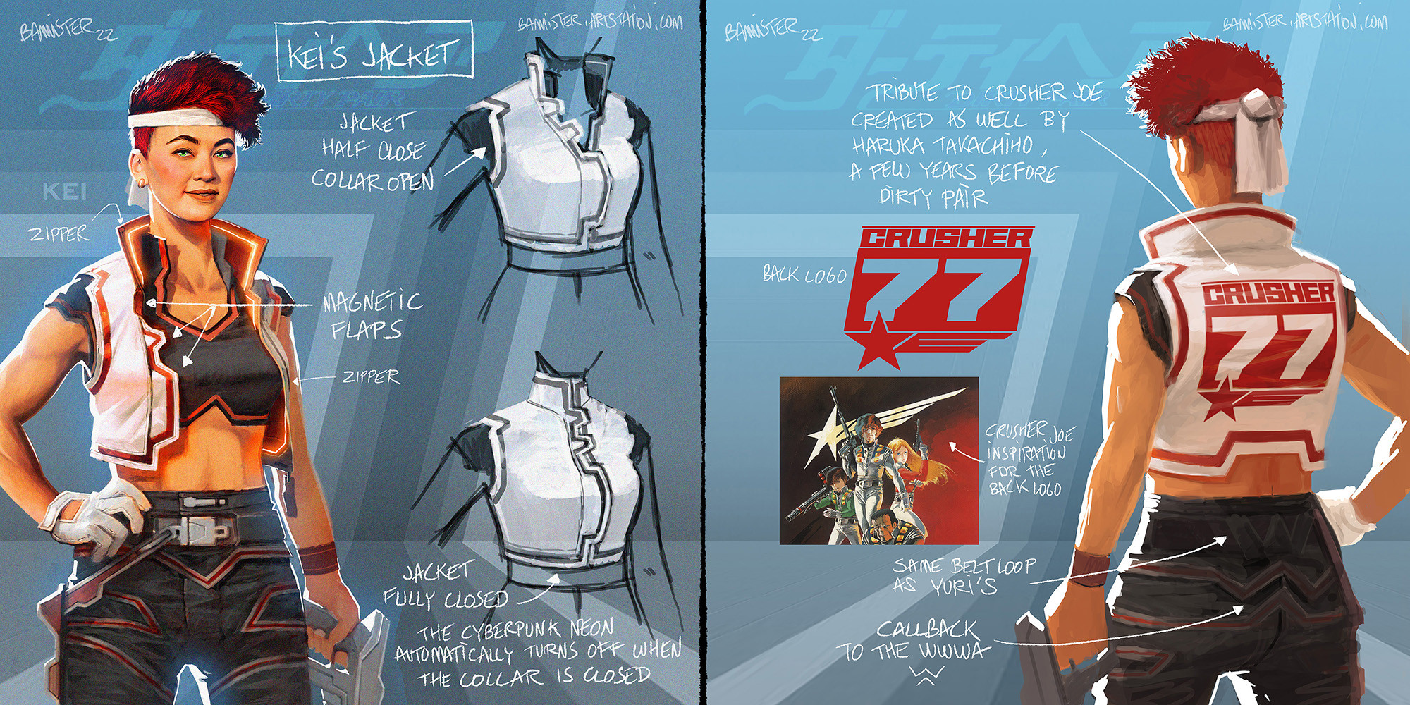 Kei's jacket, is a tribute to Crusher Joe, created by Haruka Takachiho before Dirty Pair. Both projects live in the same universe, and cross over from time to time in the OAVs and the DP movie.
Keeping it simple, easily readable and reproductible.