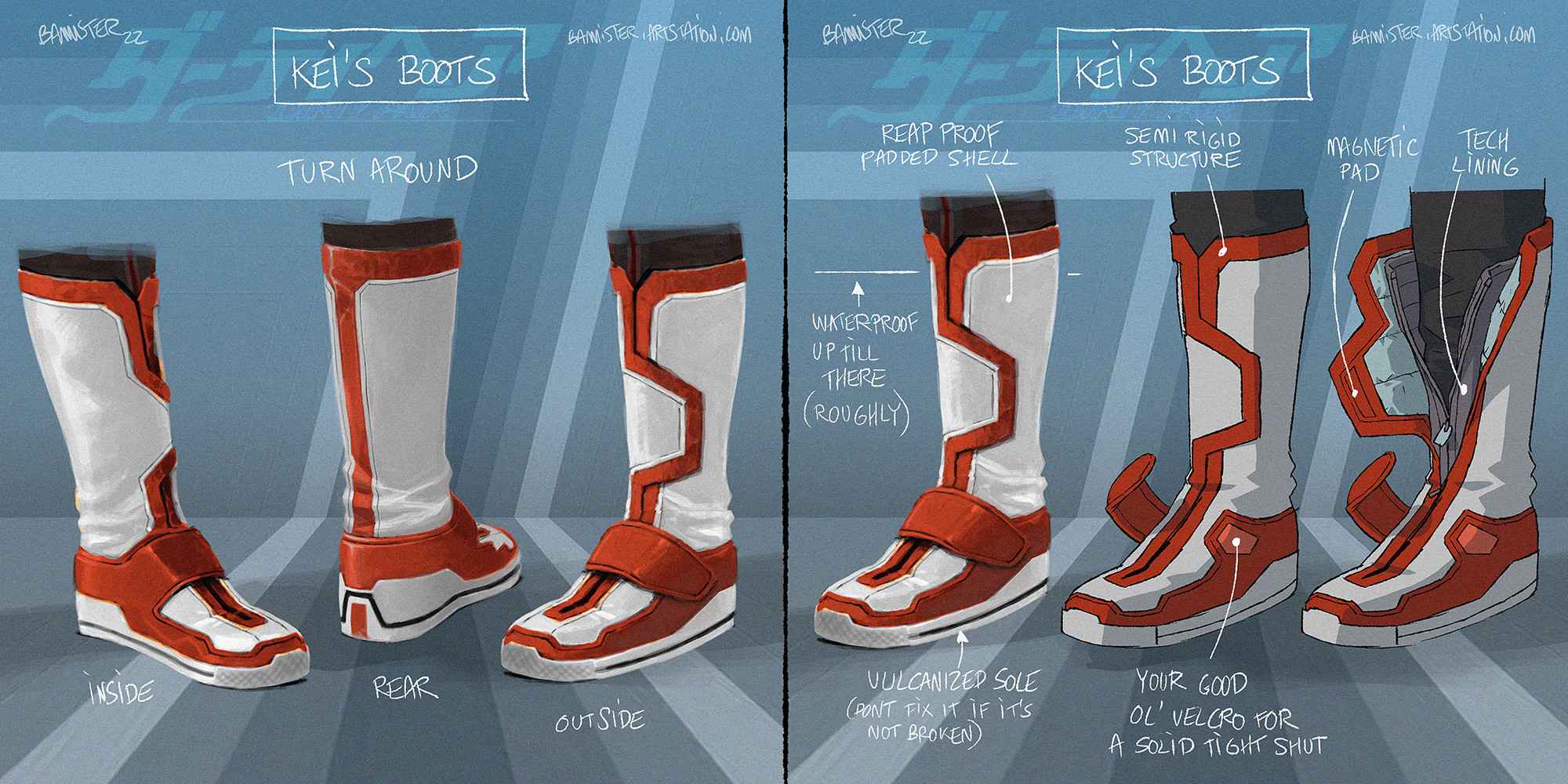 Kei &amp; Yuri's boot designs. Updating them with more "realistic" features and modern lines.