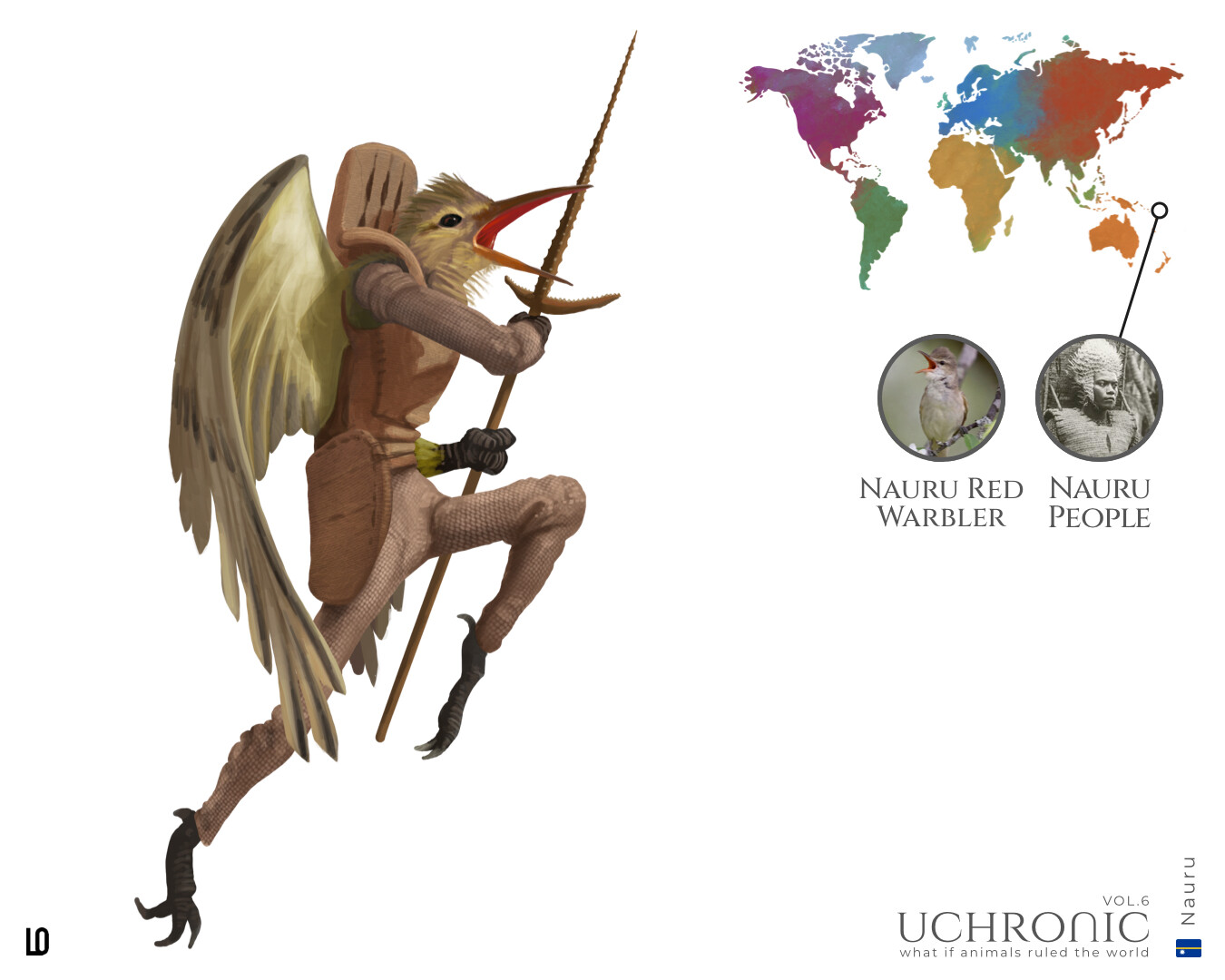 From Republic of Nauru, depicting a Nauruan warrior with their original armour as an endemic little bird, the Nauru reed warbler(Acrocephalus rehsei).