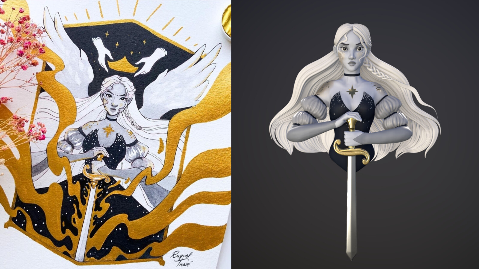 On the left, the concept by Raqueltravelillustration that I based this sculpt on. On the right, my final render.