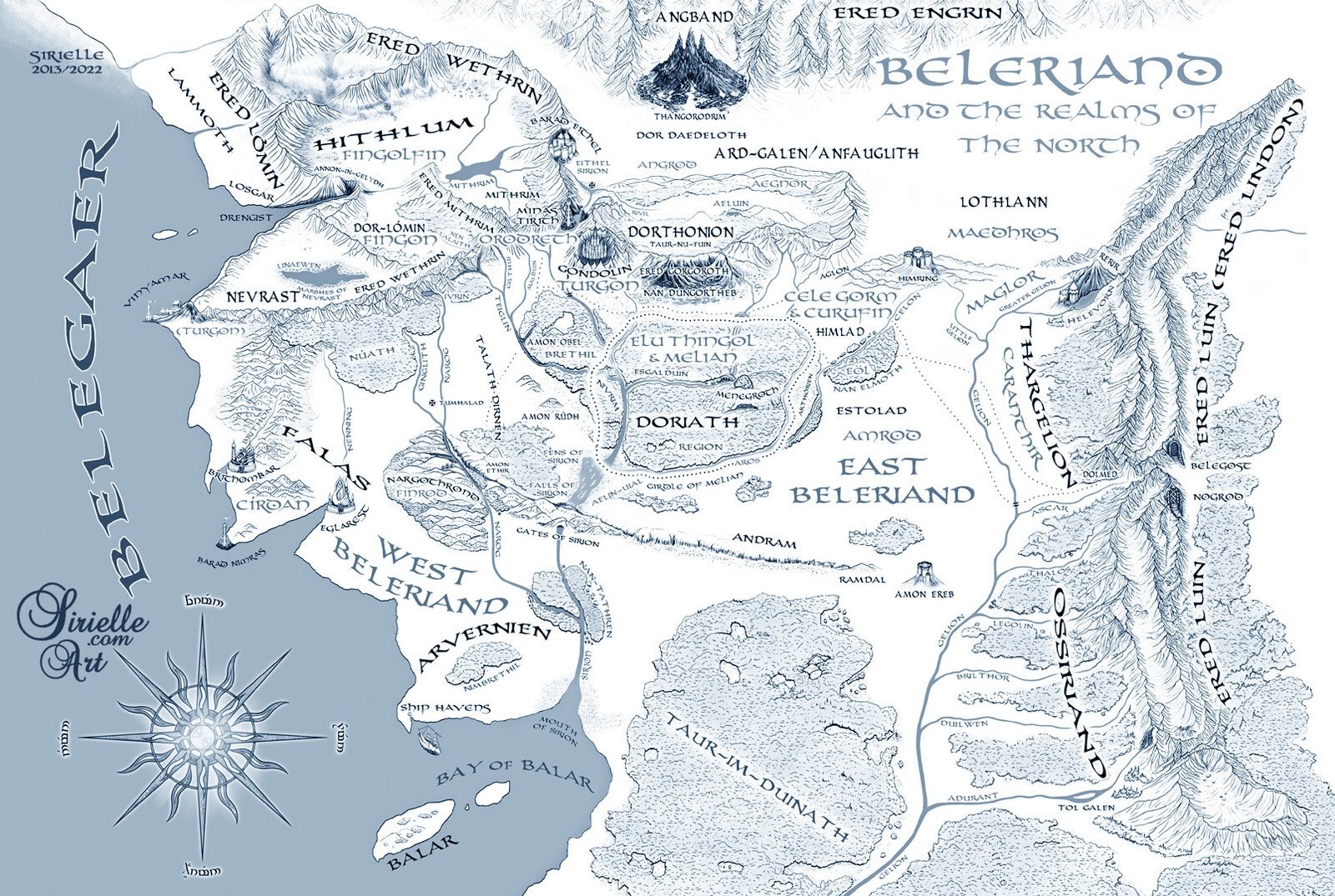 The Realms of the Noldor and the Sindar in Beleriand in the beginning of the I Age of Sun and during the Siege of Angband (uncropped map).