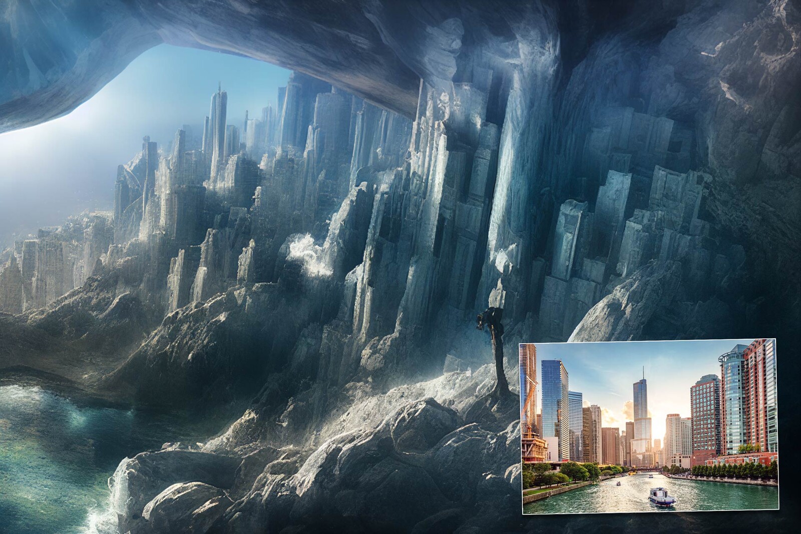 Text to Image: A city in the mountains inside a cliff based on a picture of Chicago.