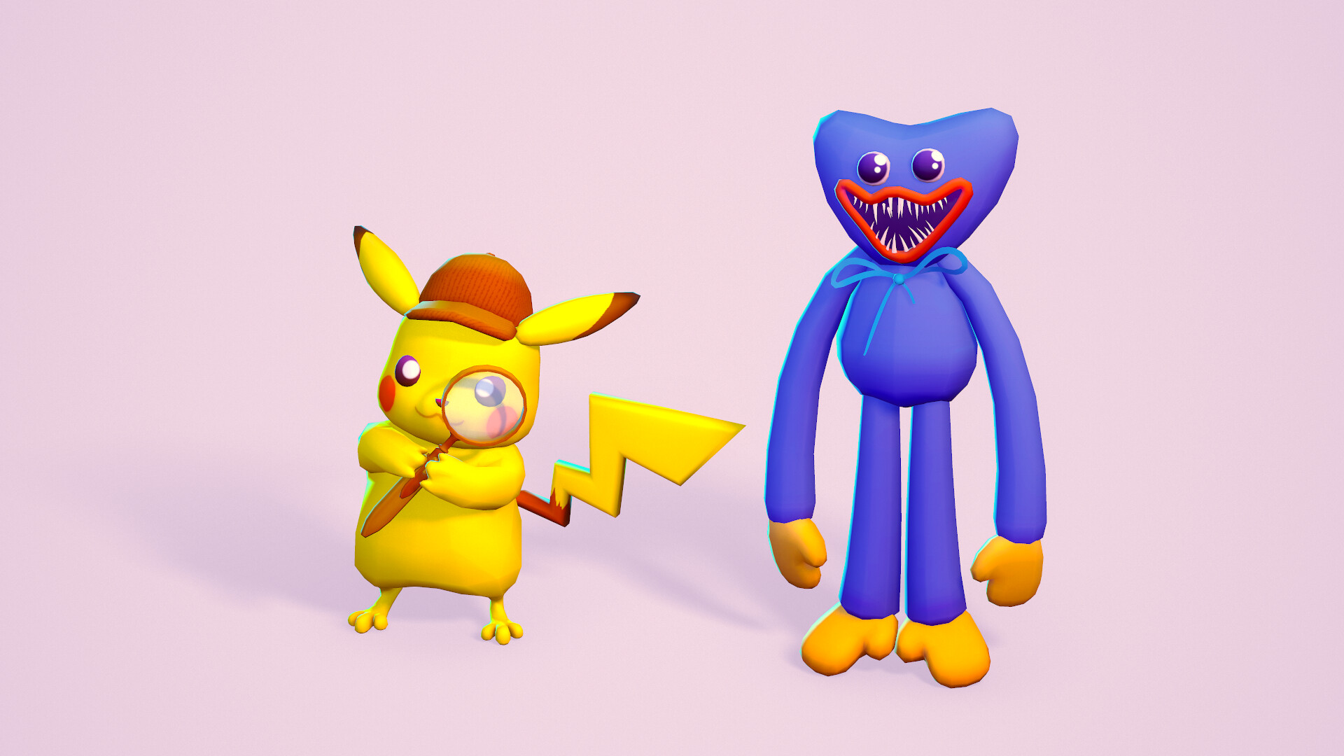 Pikachu as huggy wuggy in the style of poppy playtime