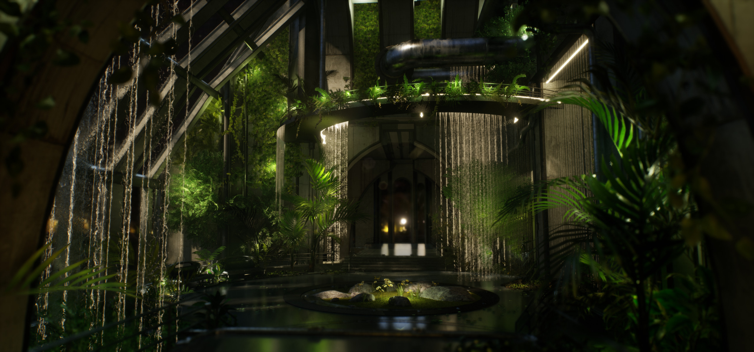 scene 3: luxury hotel which has lots of high tech hydroponic systems
