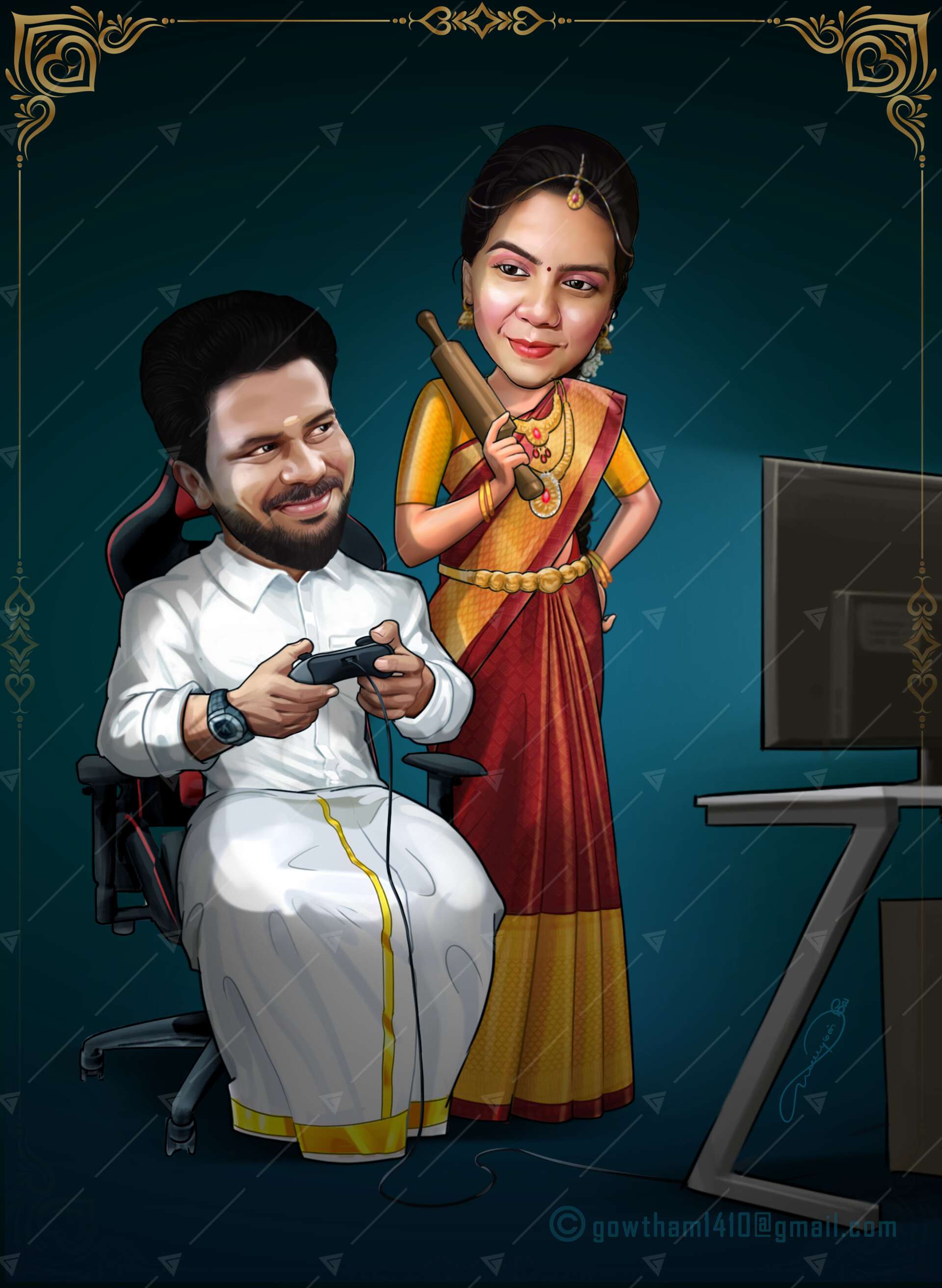 ArtStation - South indian wedding caricature #2