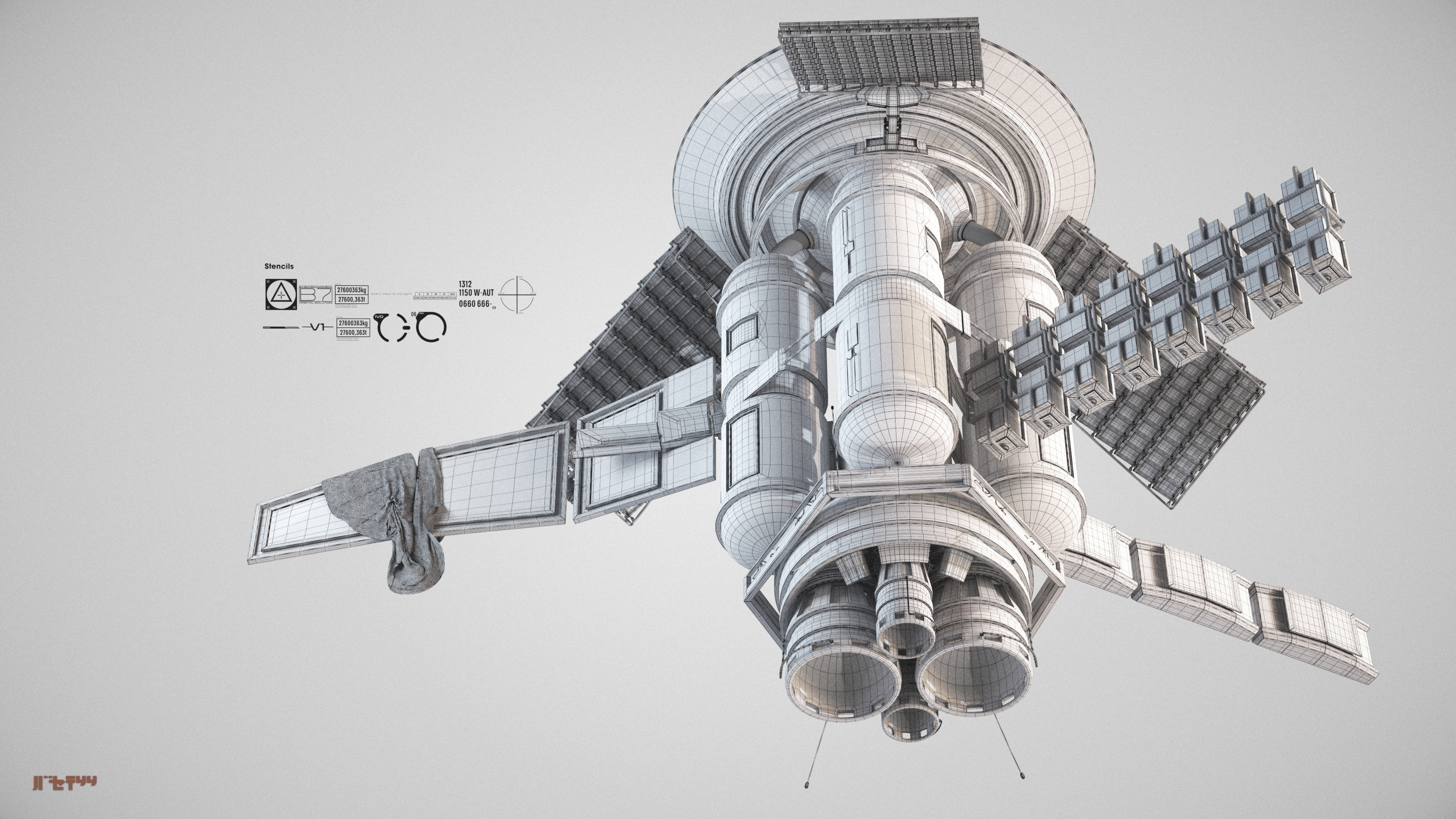 Satellite Wire Rendering with Normal-Maps and Clay-Texture. Stencils designed in Adobe Illustrator.