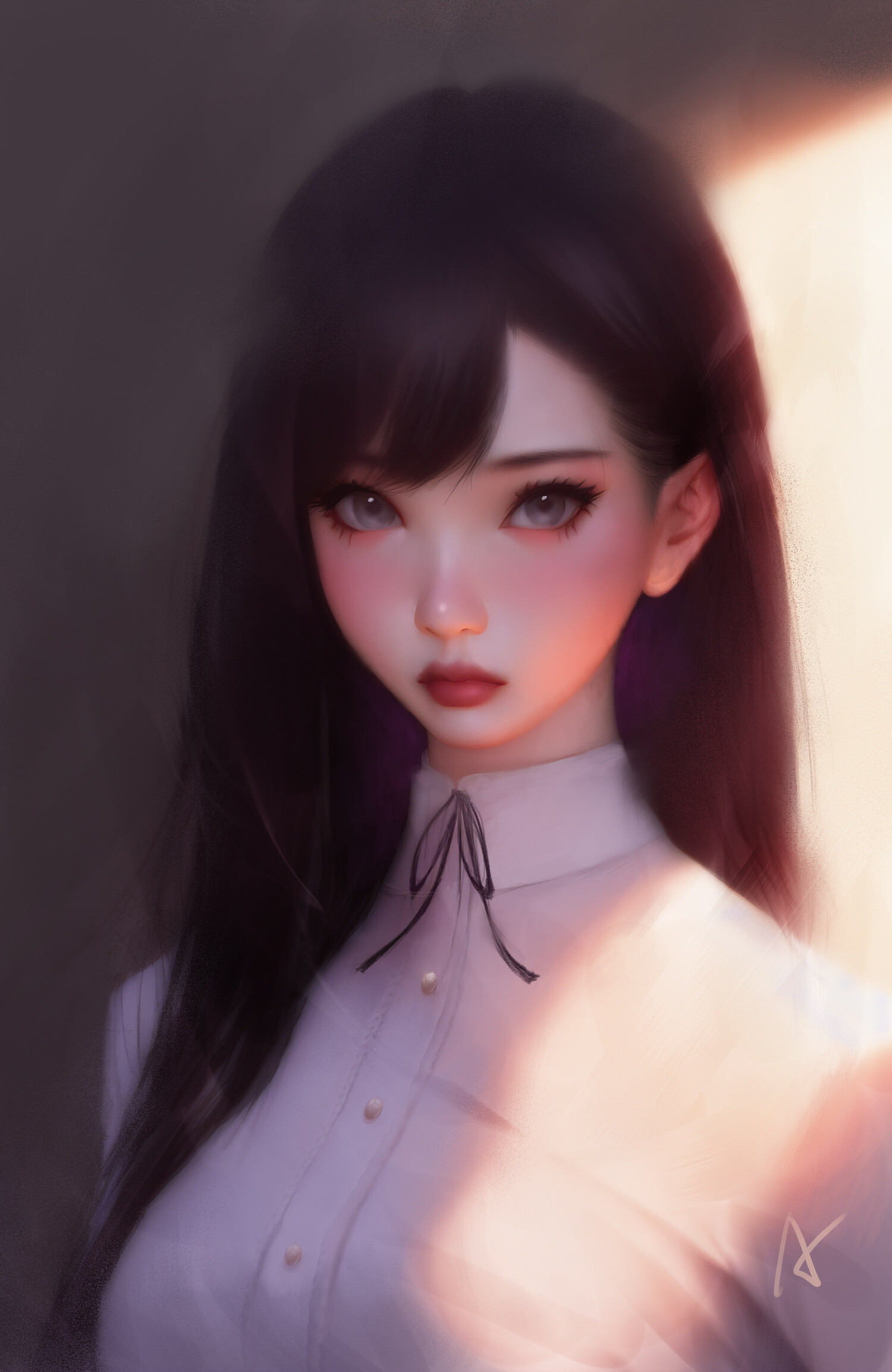 ArtStation - Portrait of a girl with black hair in a white shirt