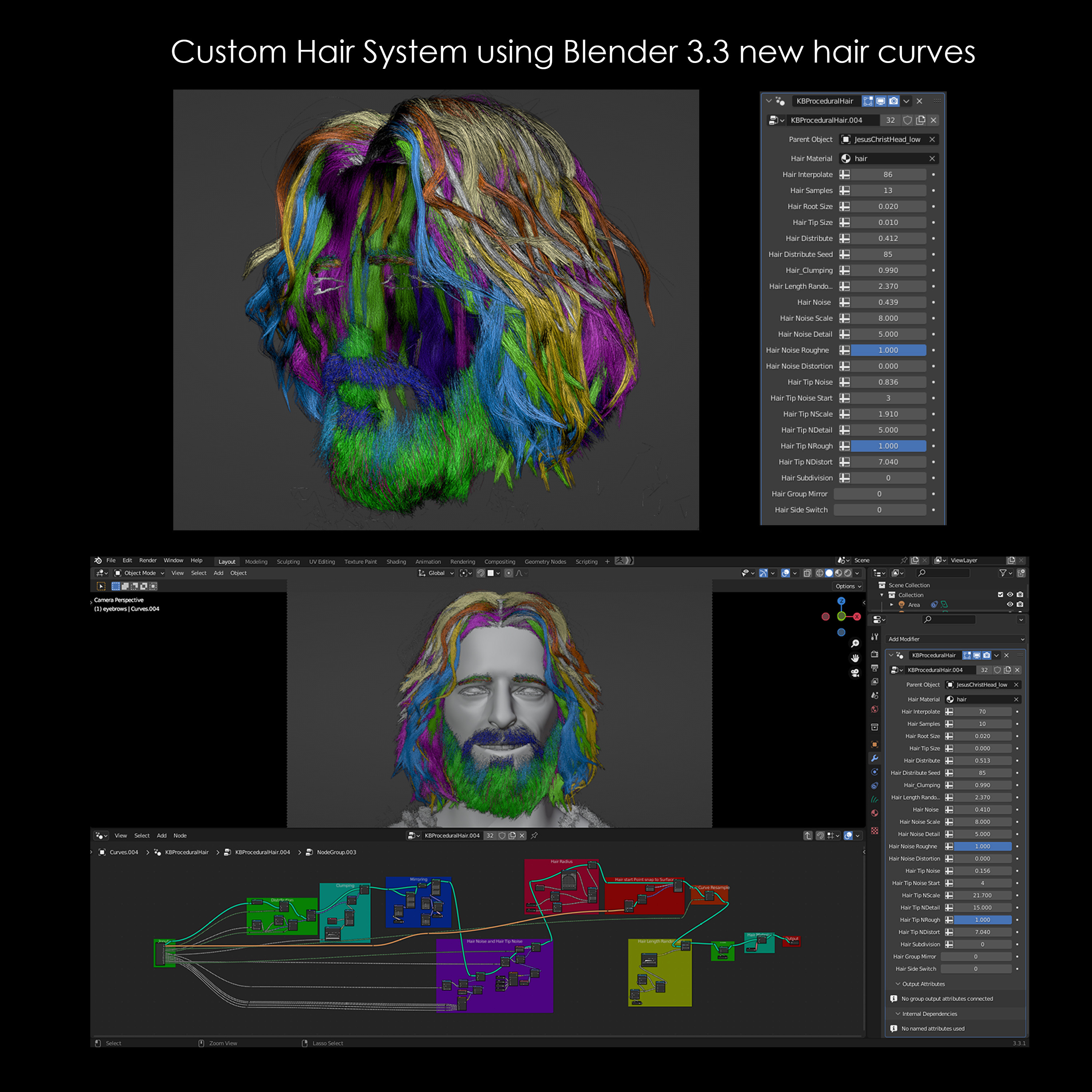 using this custom system I'm able to develop the hair in a straight forward manner. Each color coding indicated different groups of hairs. Blender new hair curve is very effiecent and fast to work with even with a dense grooming scene.