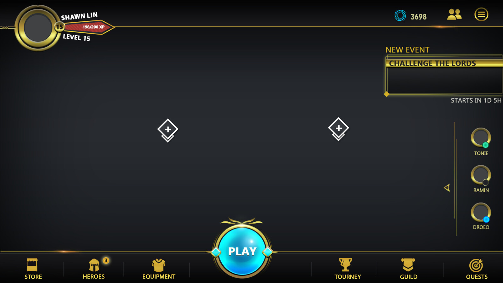 Gold Version of the Previous layout with a different style of Play Button where the two gems on the play button get filled only if the lobby is full or if only one person is in the lobby, then only 1 gem will be filled.