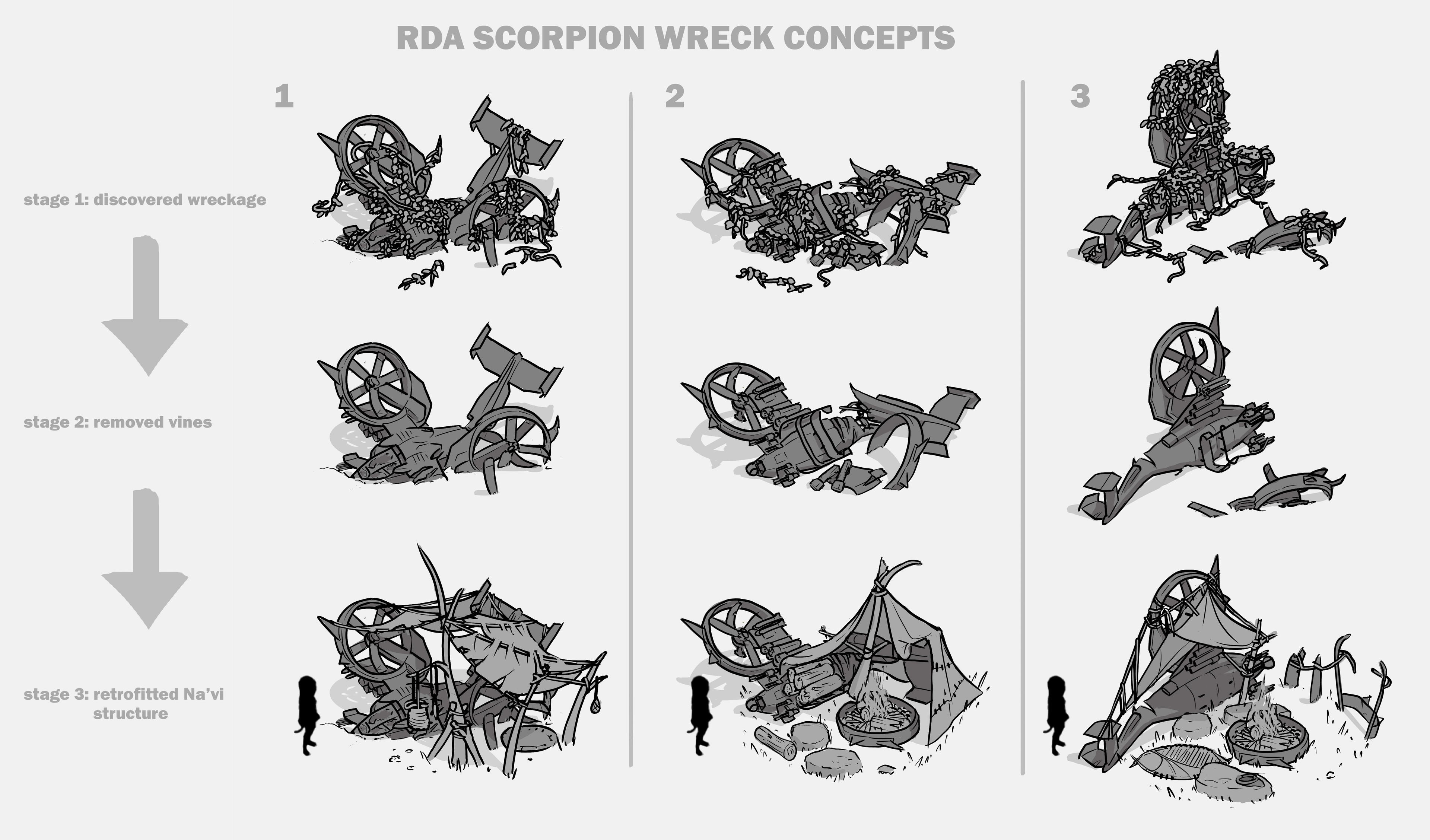 Concepts for Scorpion Gunship wreckage. First, the player would clear the overgrowth, then upgrade the wreckage into a Na'vi structure.