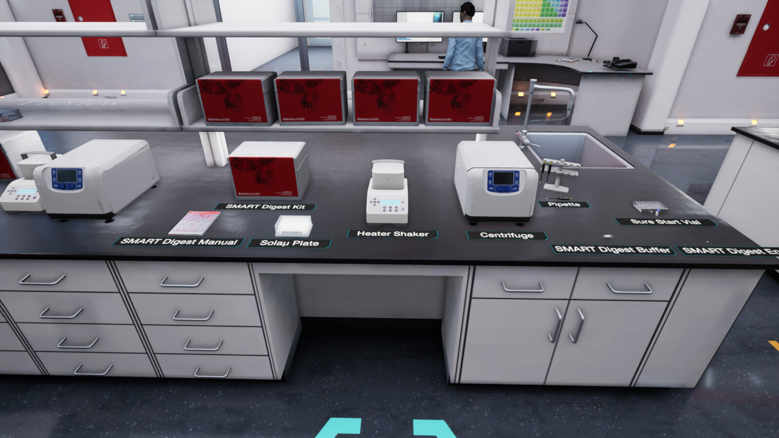 "Sample-Prep" interactive section. I created a re-usable Blueprint to apply to a static-mesh to let the user inspect the object and open text widgets to display detailed information