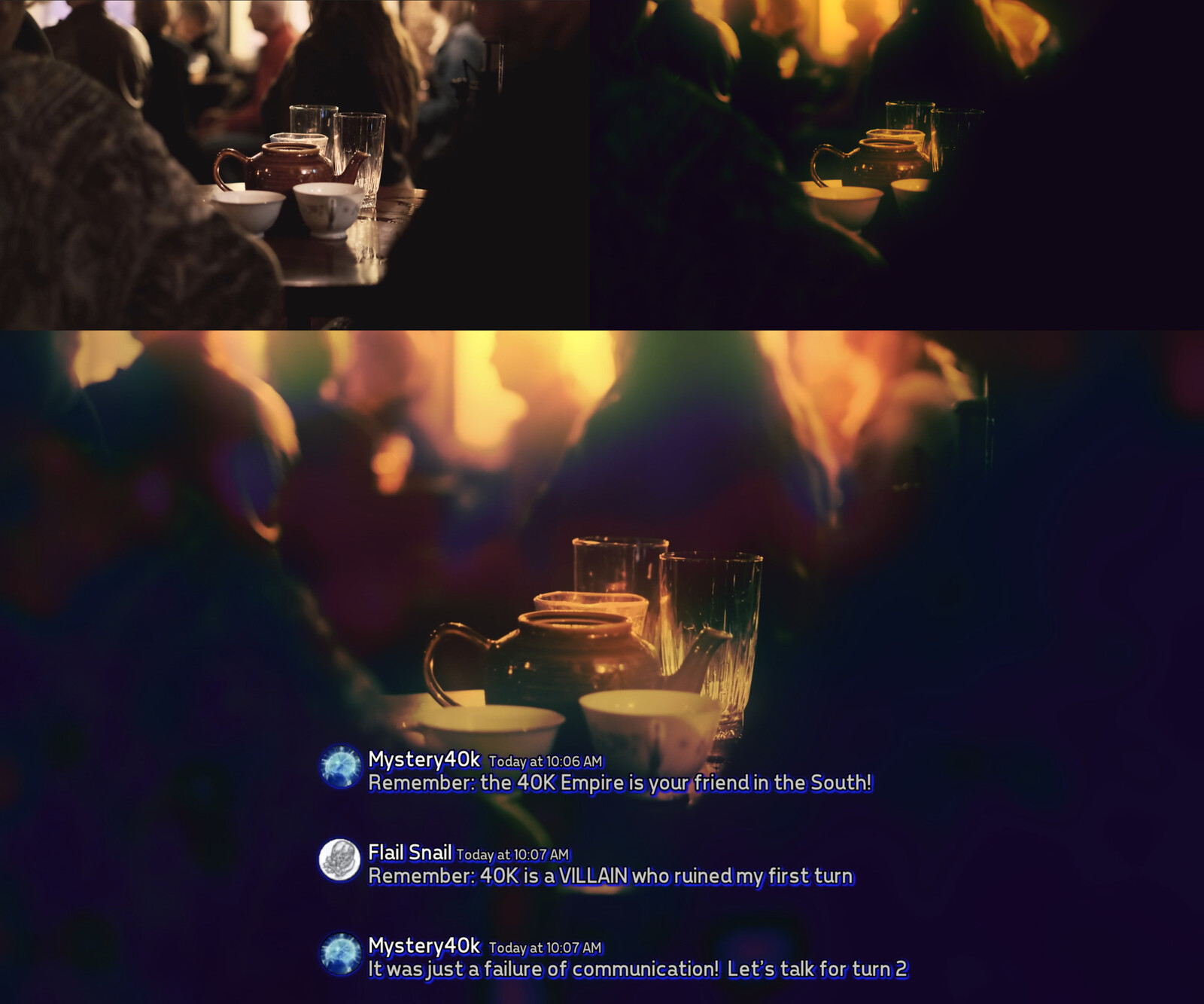 A color grading comparison, showing the original stock footage, the addition of grading and glow effect, and the final shot with additional changes to the color provided by compositing a bokeh/lens flare clip.