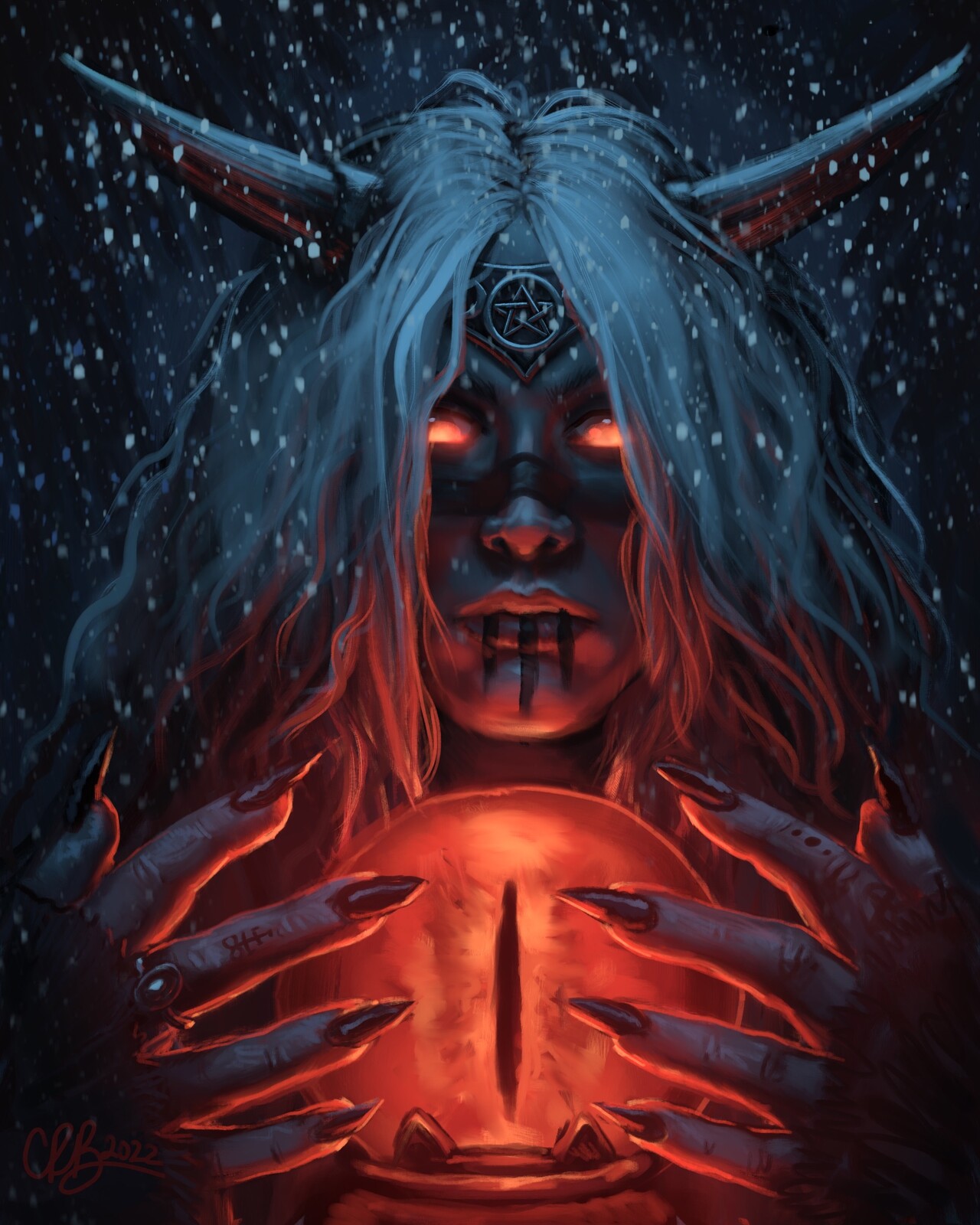 Witch's palantir seeing a flaming eye.