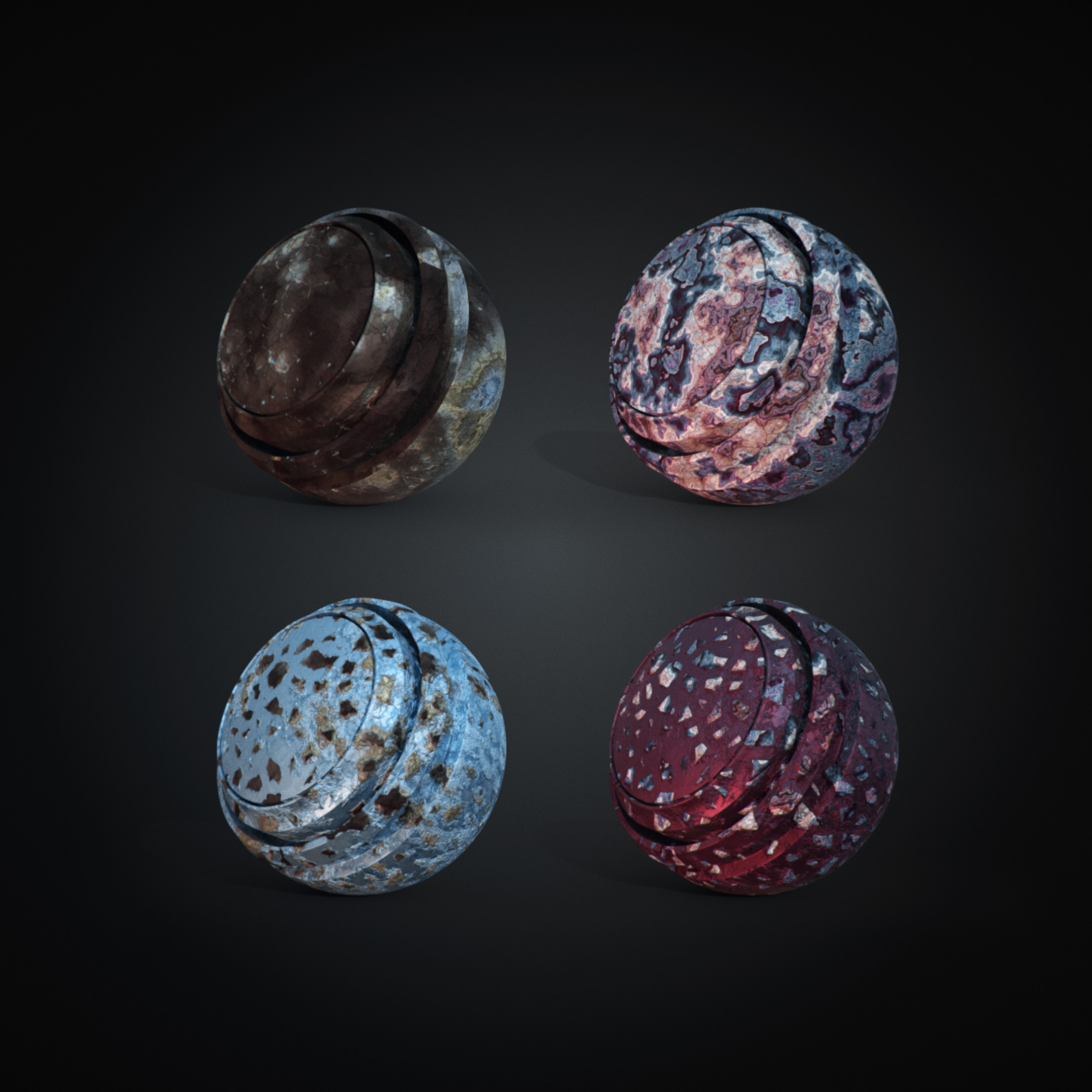 Material "blue" on the left, same material in pink on the right. Closed surface/ no scaling on the top, fully open surface/ wide gaps between scales on the bottom.