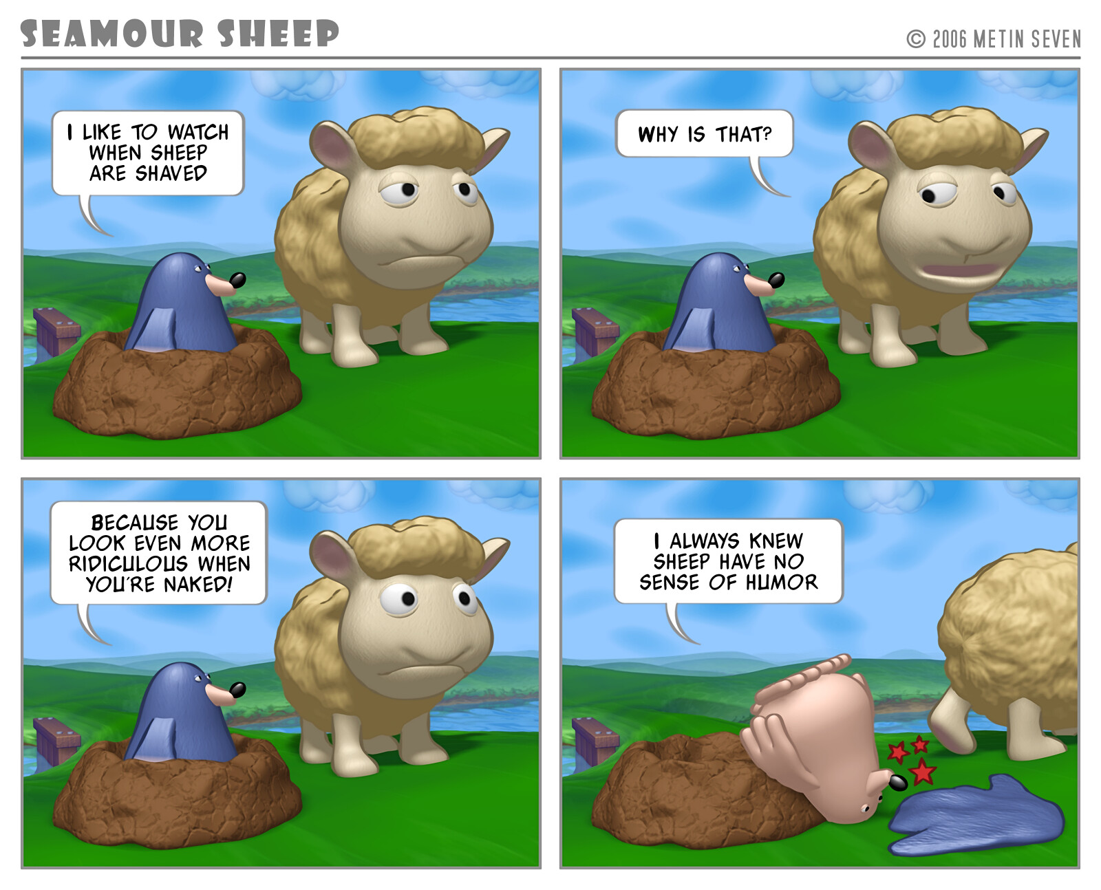 Seamour Sheep and Marty Mole comic strip, first episode: Shaved