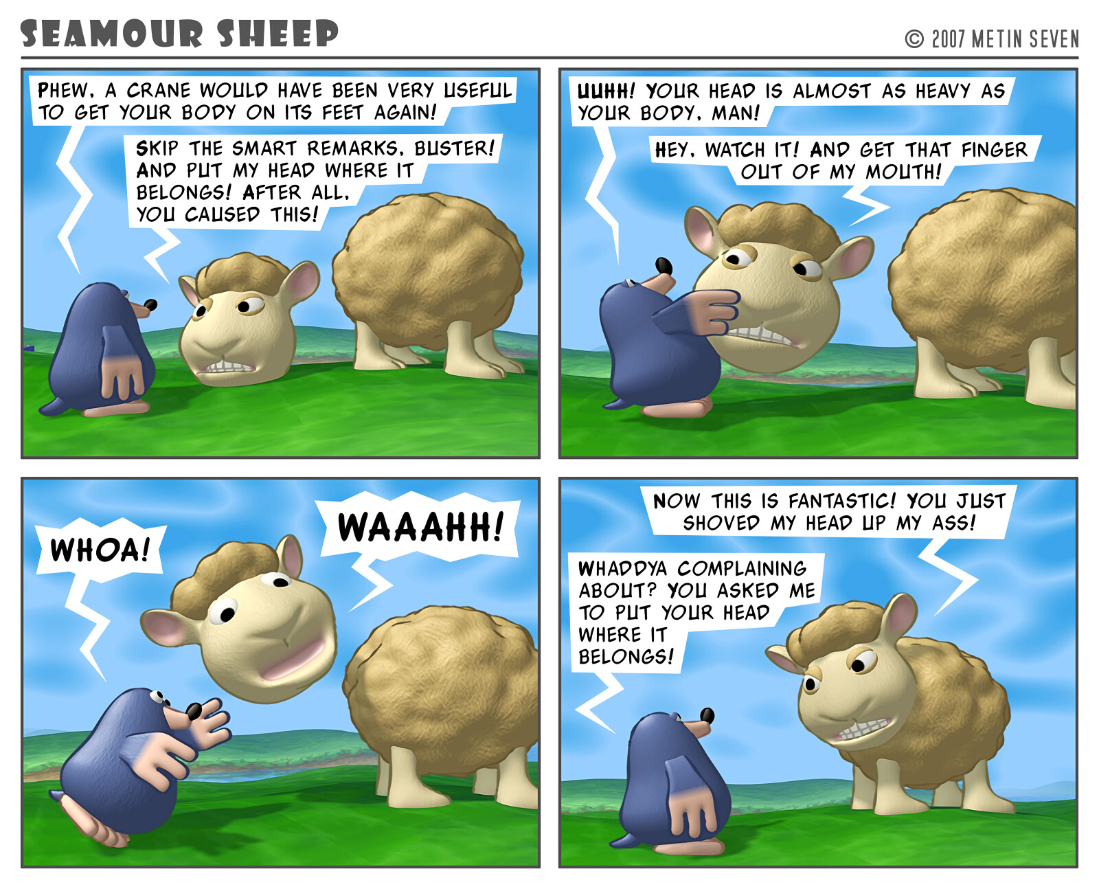 Seamour Sheep and Marty Mole comic strip episode: Reconstruction