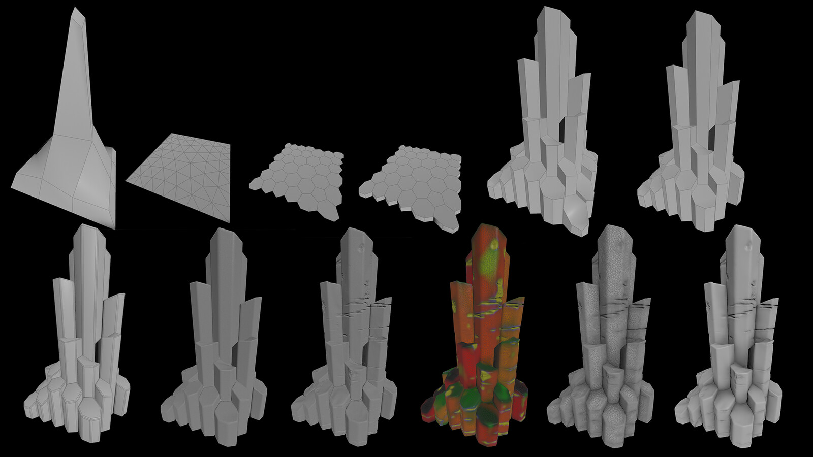 Some of the basalt mesh generation stages in Houdini