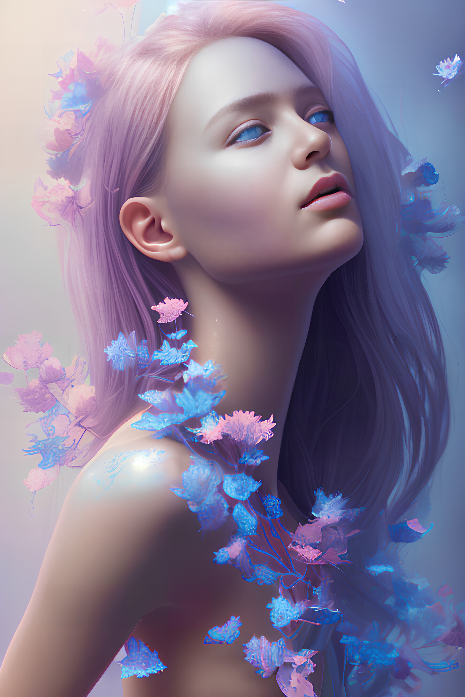 beautiful painting of a girl with flower petals