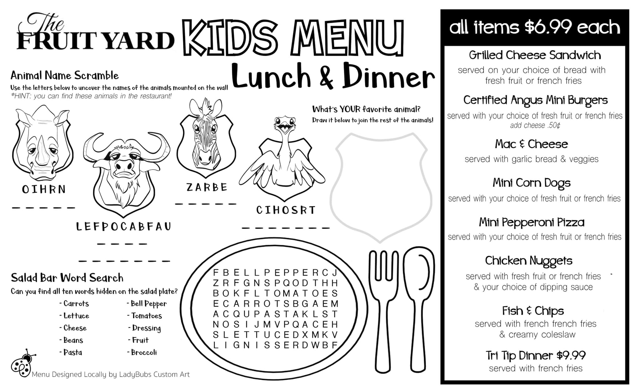 Kids Menu for The Fruit Yard Restaurant (Back)