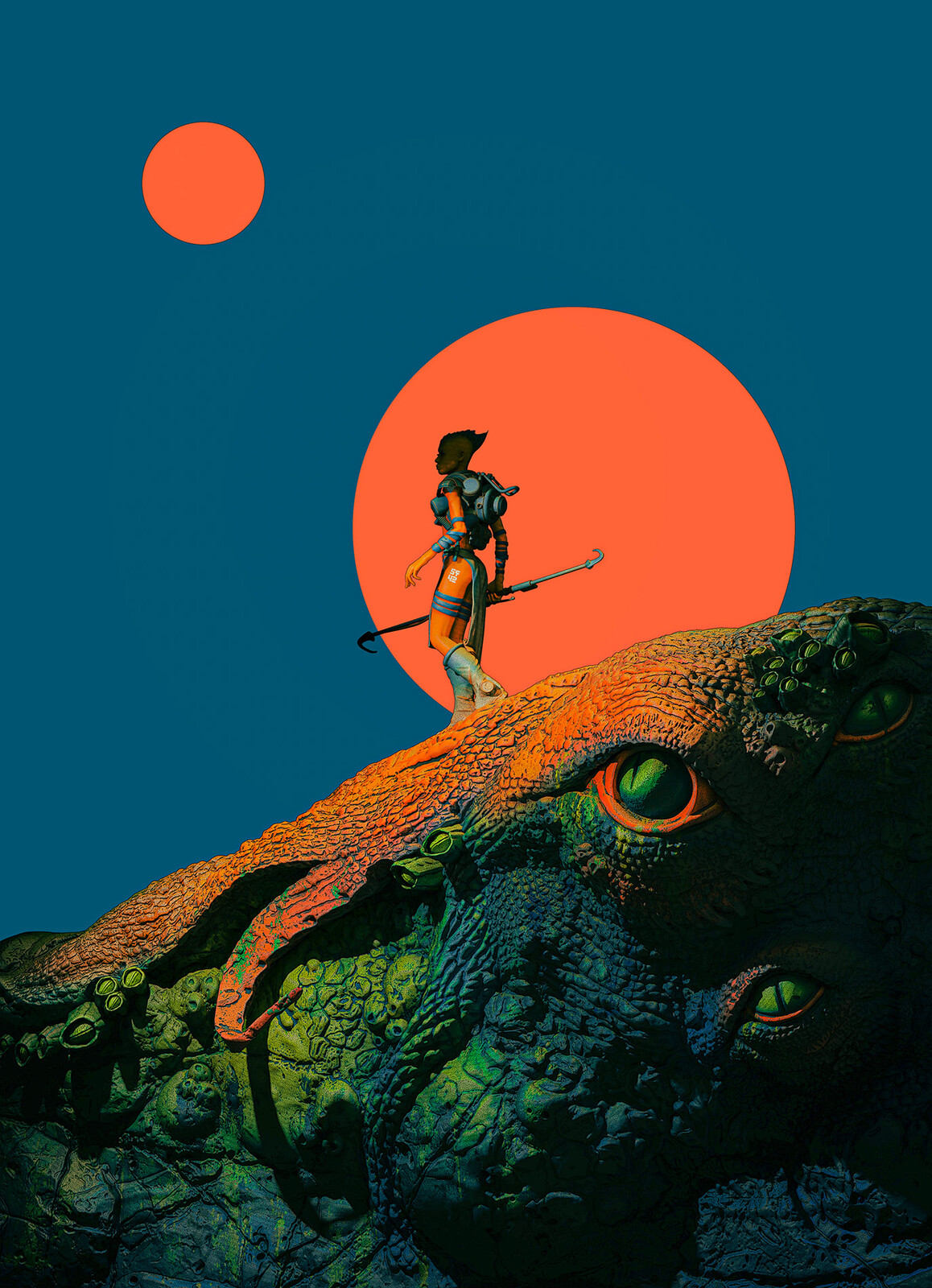 illustration of a hunter walking on the top of a giant octopus monster. Saturated  colors. 70's style cover art