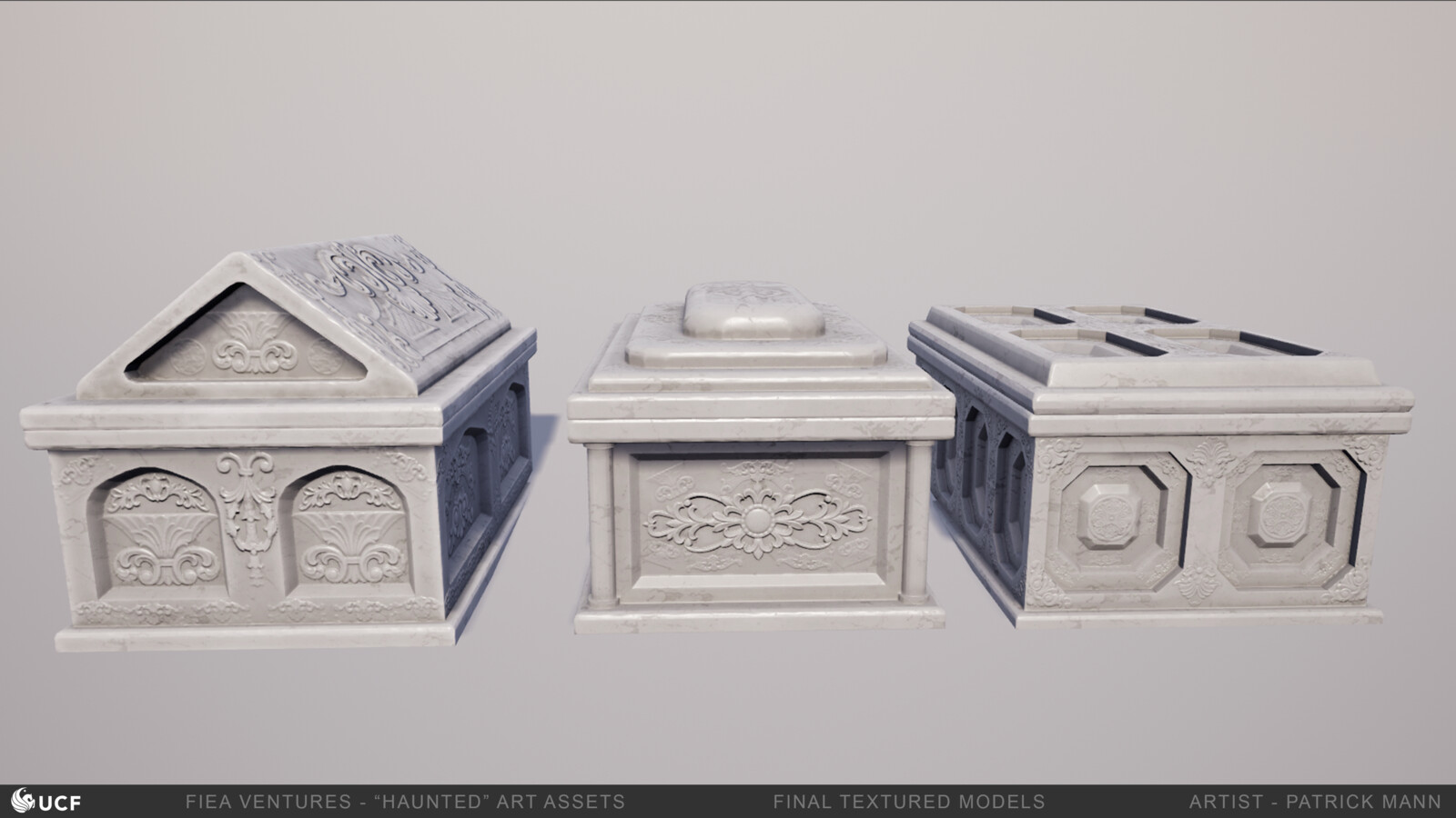 The three variants of sarcophagi, with the normal textures.  The lids and bodies are separate models, so that they can be opened up by the player to search inside of them for objects.