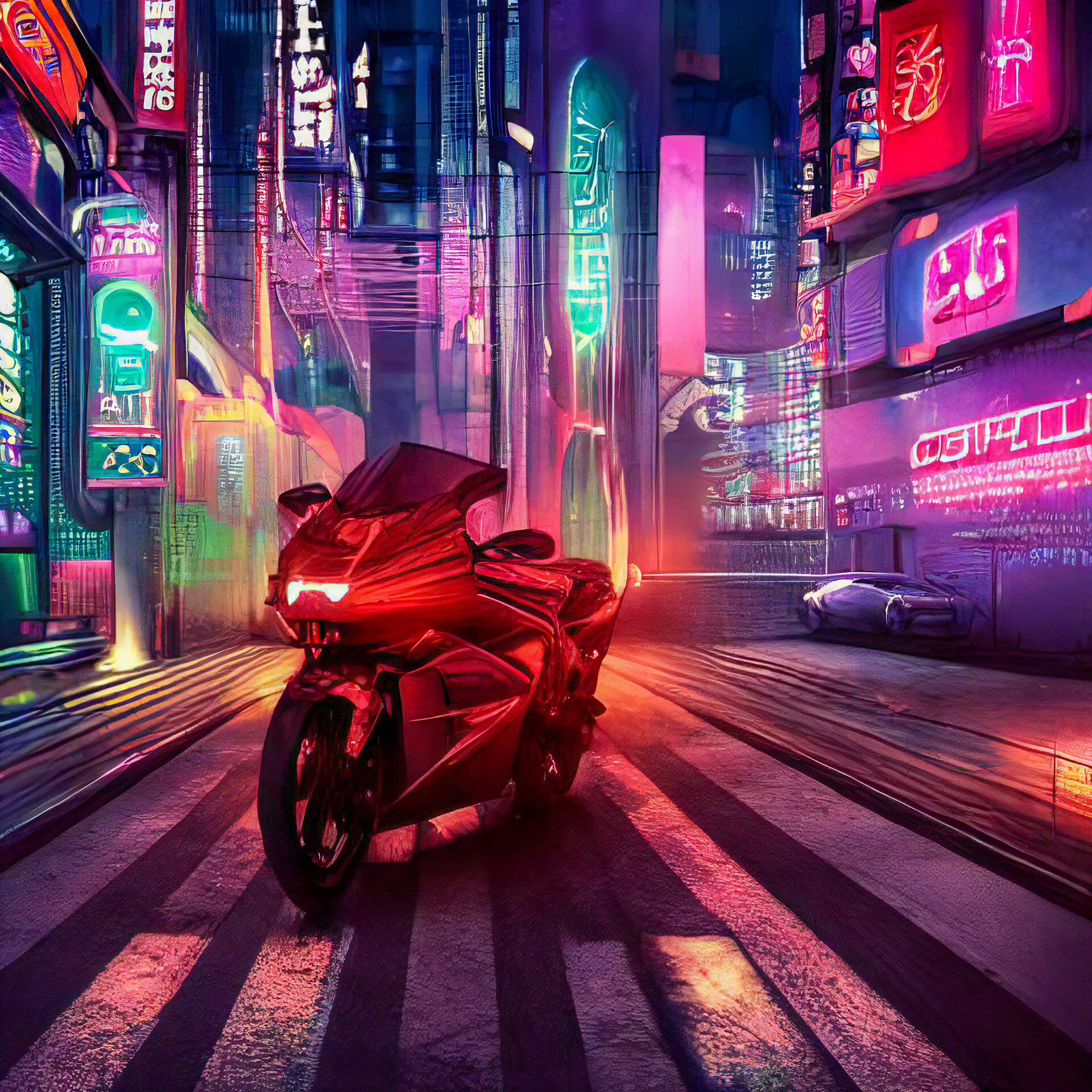 ArtStation - Neon Cyberpunk Art motorcycle girl in city road